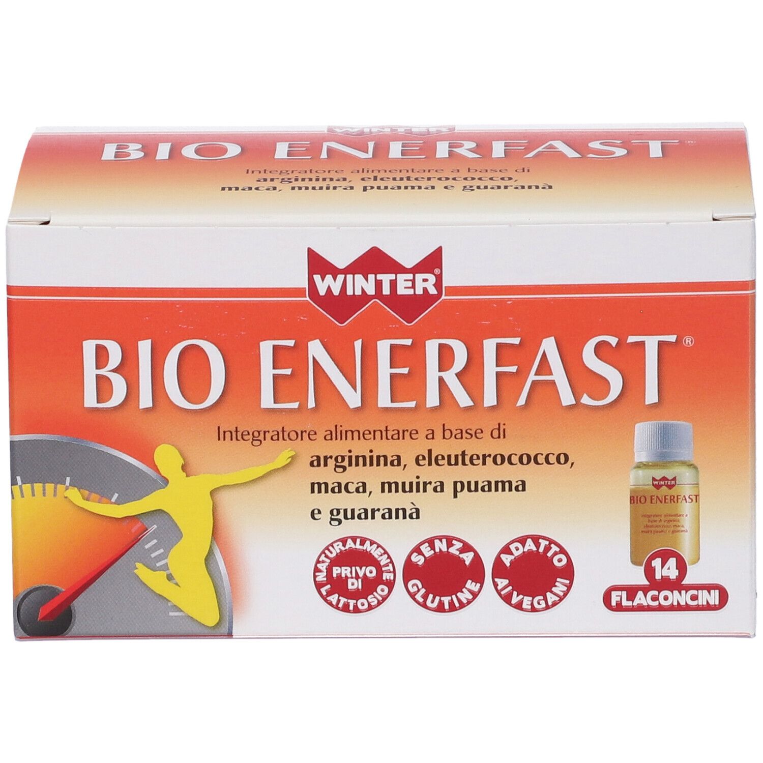 Scatola "BIO ENERFAST" con logo "Winter". Contiene 14 flaconcini. Scritte: "senza lattosio", "senza glutine", "adatto ai vegani".