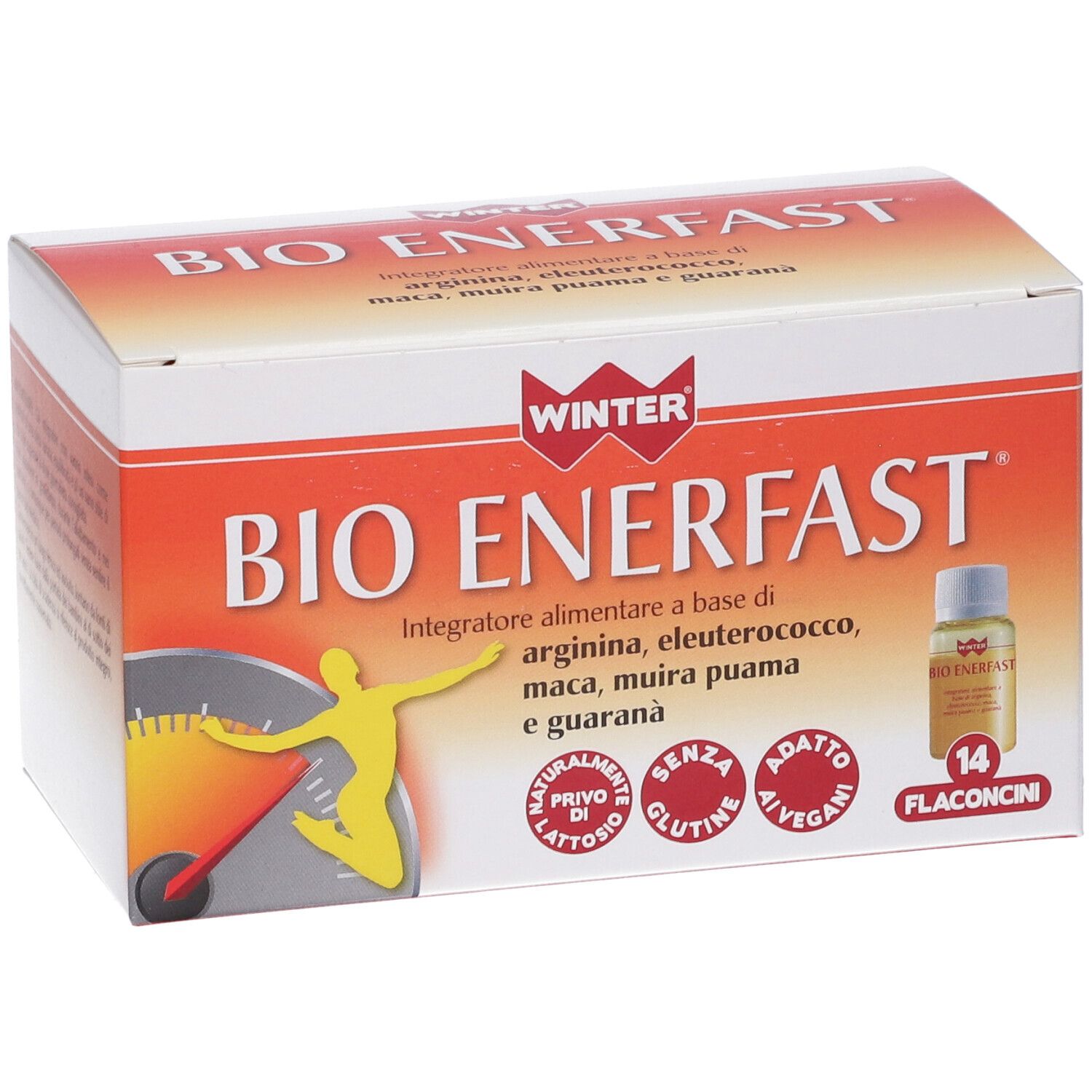 Scatola "BIO ENERFAST" con logo "Winter". Contiene 14 flaconcini. Scritte: "senza lattosio", "senza glutine", "adatto ai vegani".