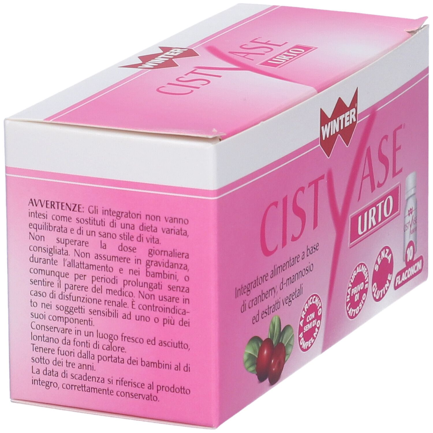 Scatola rosa con testo. Contiene avvertenze e informazioni. Nome prodotto CISTYASE URTO. WINTER.