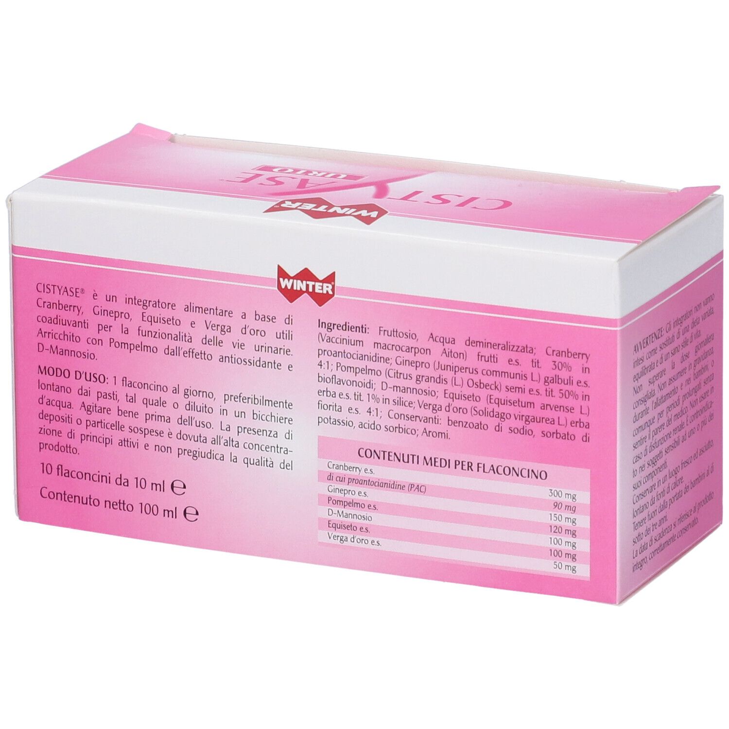 Retro della scatola rosa. Contiene ingredienti e istruzioni per l'uso. Nome prodotto CISTYASE URTO.