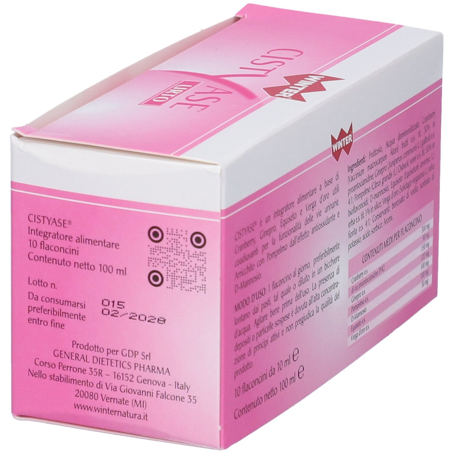 Scatola rosa con testo e codici QR. Contiene informazioni sul prodotto CISTYASE URTO. WINTER.