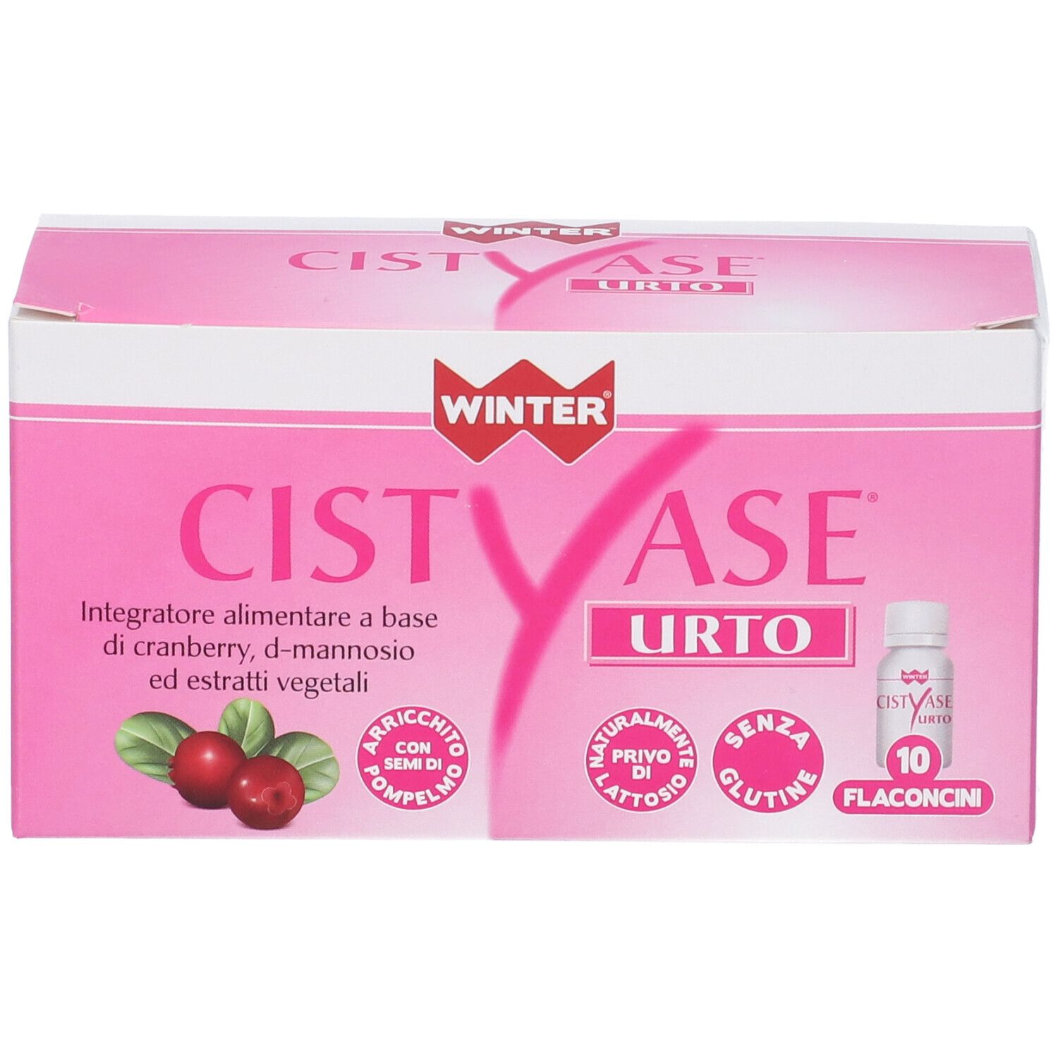 Scatola rosa CISTYASE URTO. Contiene 10 flaconcini. Con mirtillo rosso ed estratti vegetali. WINTER.