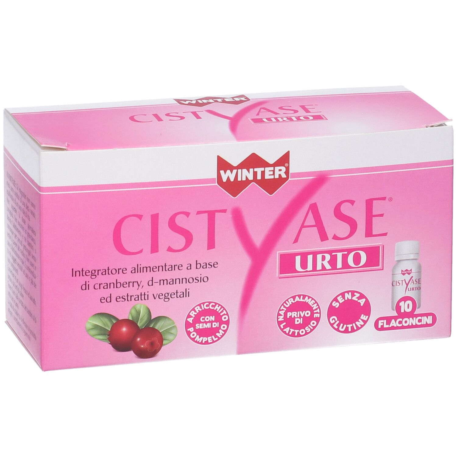 Scatola rosa CISTYASE URTO. Contiene 10 flaconcini. Con mirtillo rosso ed estratti vegetali. WINTER.