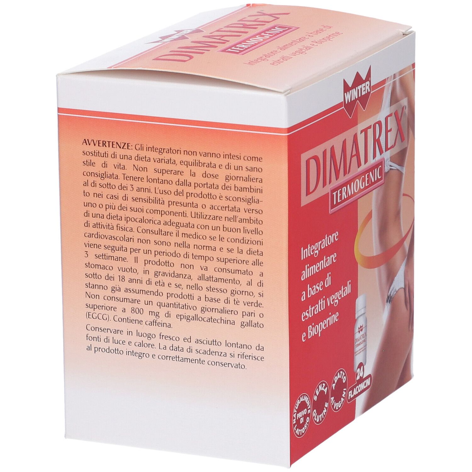 Retro della confezione DIMATREX TERMOGENIC. Testo avvertenze e istruzioni. Logo WINTER.