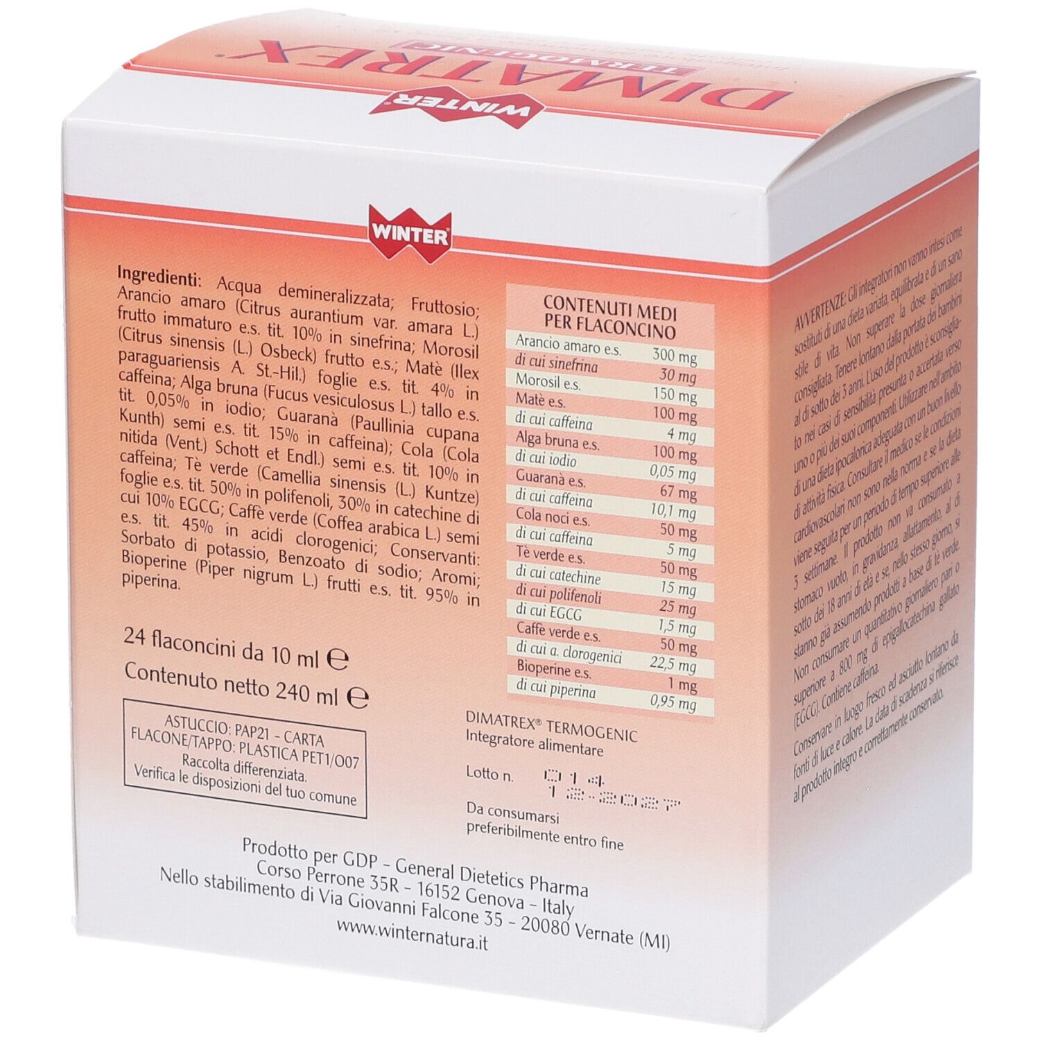 Retro della confezione DIMATREX TERMOGENIC. Elenco ingredienti e valori nutrizionali. Logo WINTER.