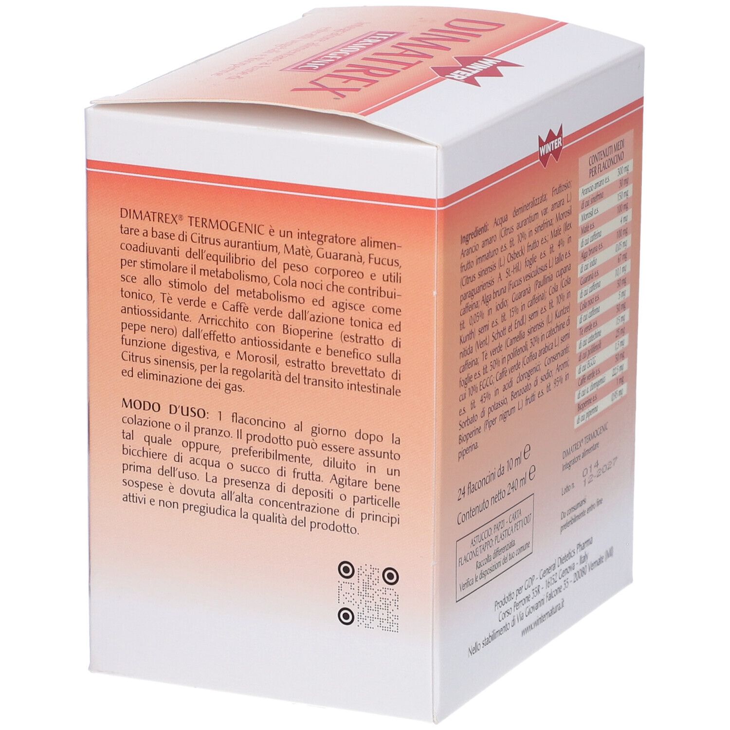 Retro della confezione DIMATREX TERMOGENIC. Testo sull'uso e gli ingredienti. Logo WINTER.