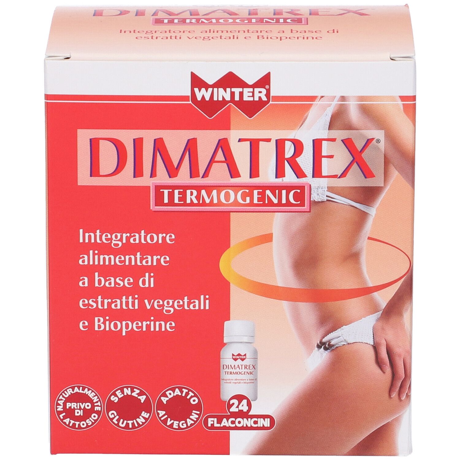 Confezione DIMATREX TERMOGENIC. Contiene 24 flaconcini. Logo WINTER. Testo: Integratore alimentare. Senza lattosio, glutine, vegano.