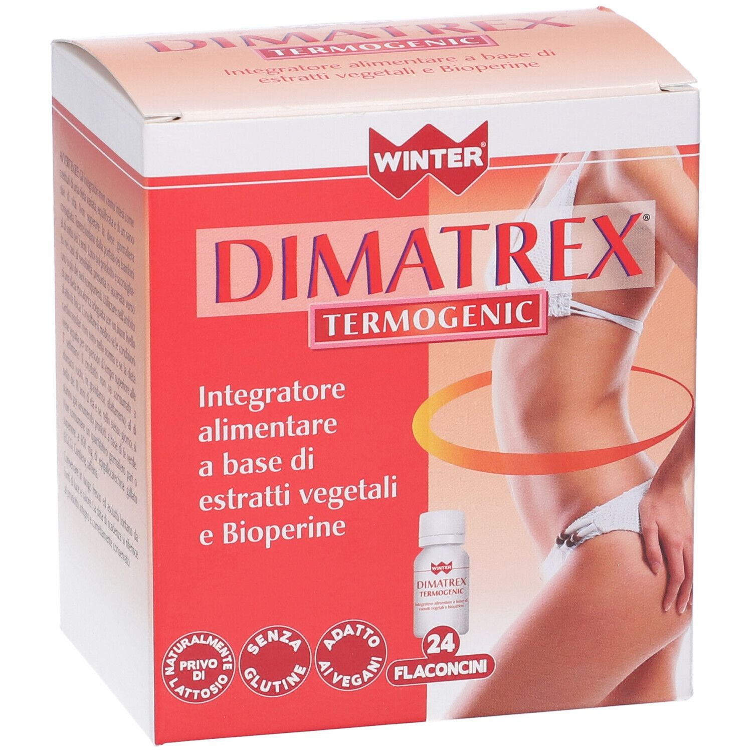 Confezione DIMATREX TERMOGENIC. Contiene 24 flaconcini. Logo WINTER. Testo: Integratore alimentare. Immagine di donna.