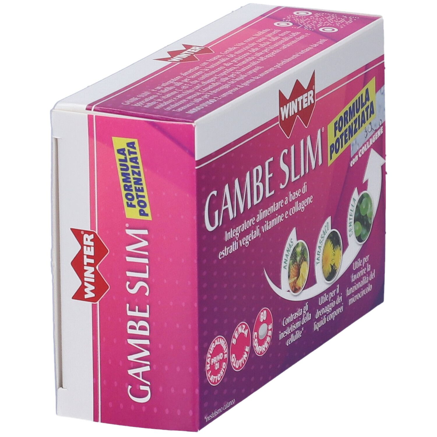 Scatola di Winter Gambe Slim Compresse. Rosa e bianca, con nome del prodotto e logo.