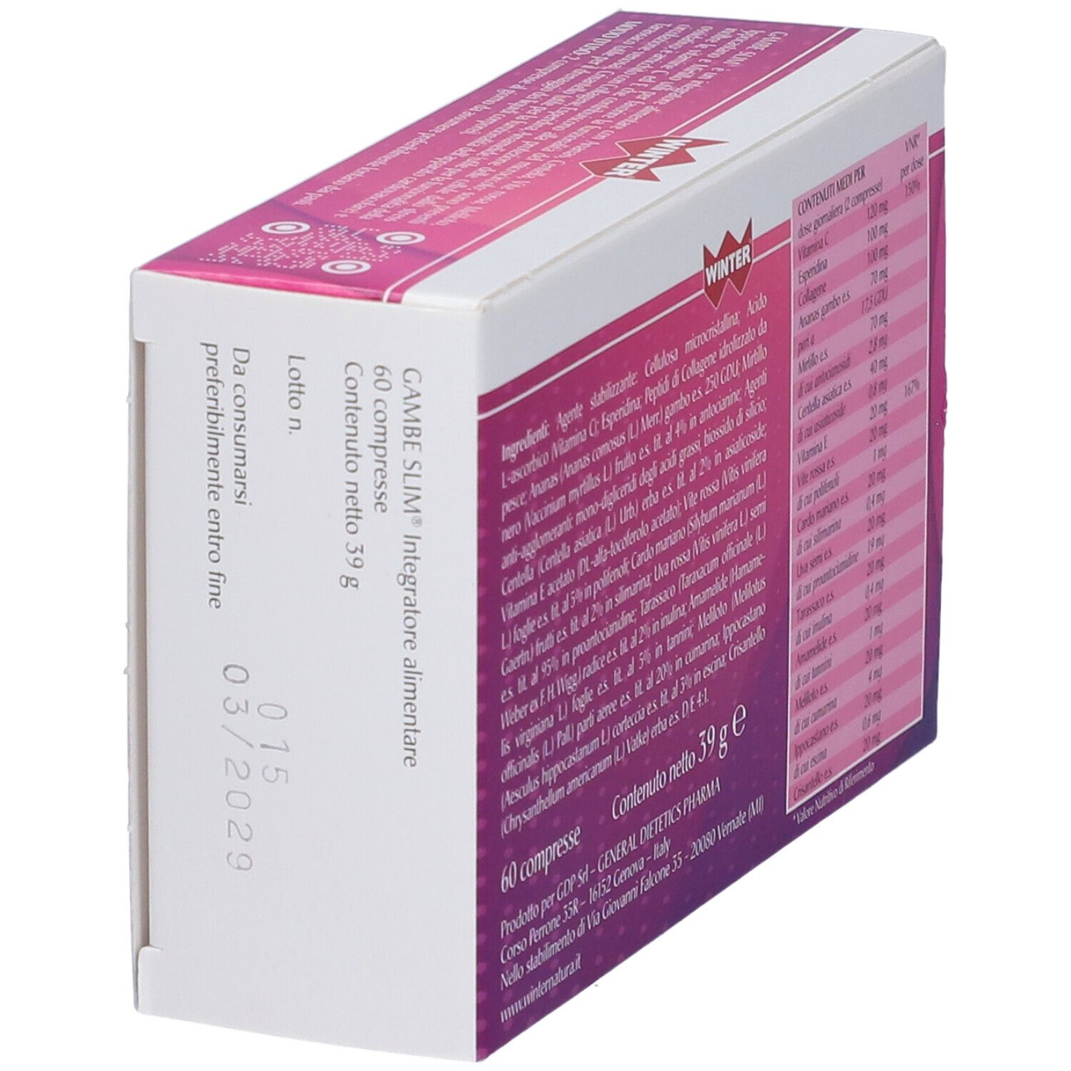 Parte superiore della confezione Winter Gambe Slim Compresse. Con data di scadenza e ingredienti.