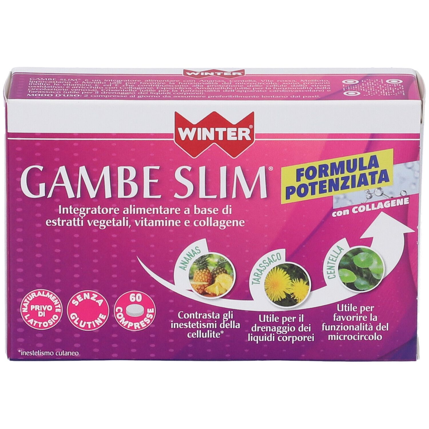 Scatola di Winter Gambe Slim Compresse. Rosa e bianca, con nome del prodotto e ingredienti.