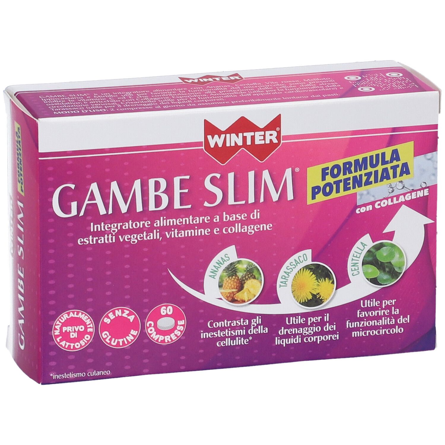 Scatola di Winter Gambe Slim Compresse. Rosa e bianca, con nome del prodotto e ingredienti.