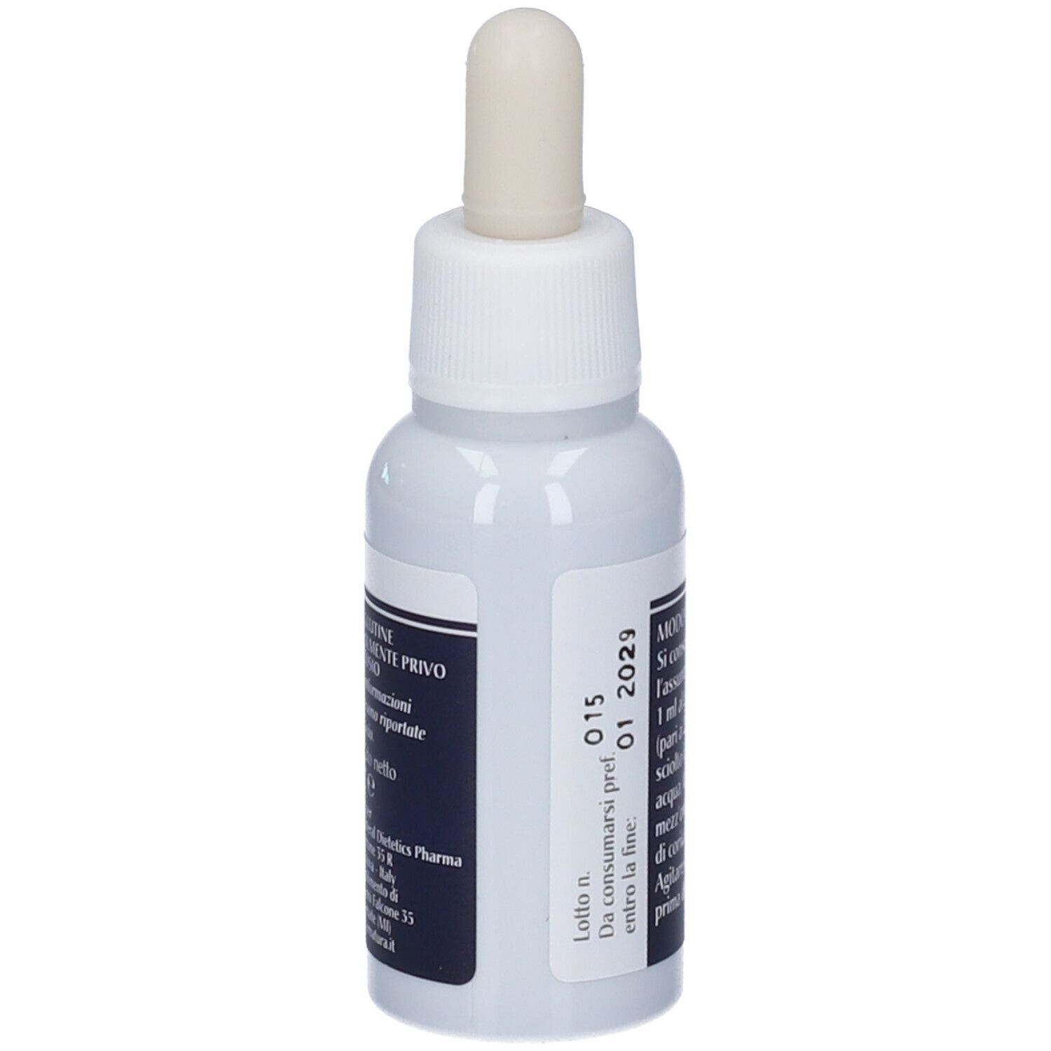 Flacone bianco con contagocce. Scritta: WINTER, MELATONYL Dolce dormire Gocce. Etichetta con ingredienti e scadenza.