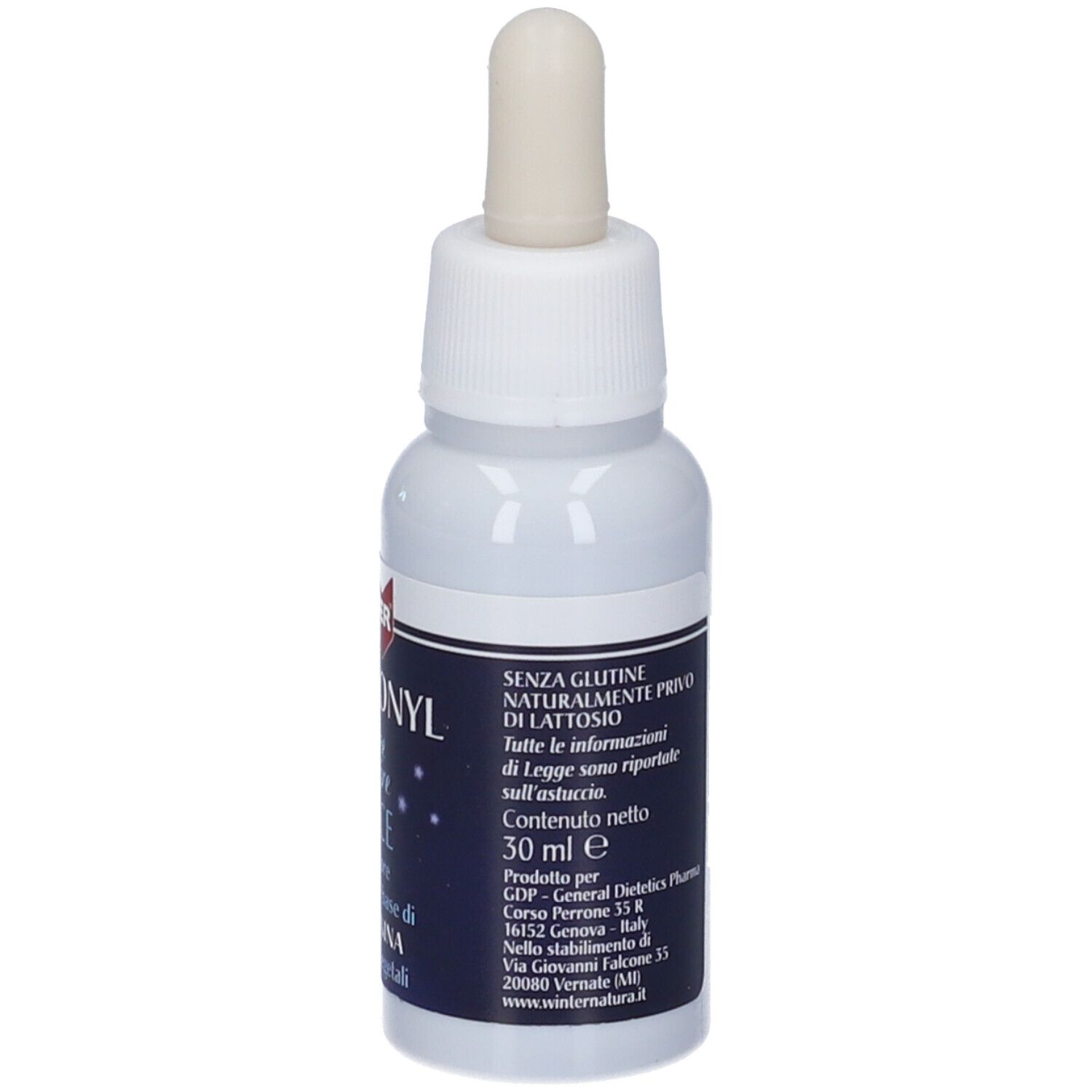 Flacone bianco con contagocce. Scritta: WINTER, MELATONYL Dolce dormire Gocce. Contiene 50 ml. Senza glutine, senza lattosio.