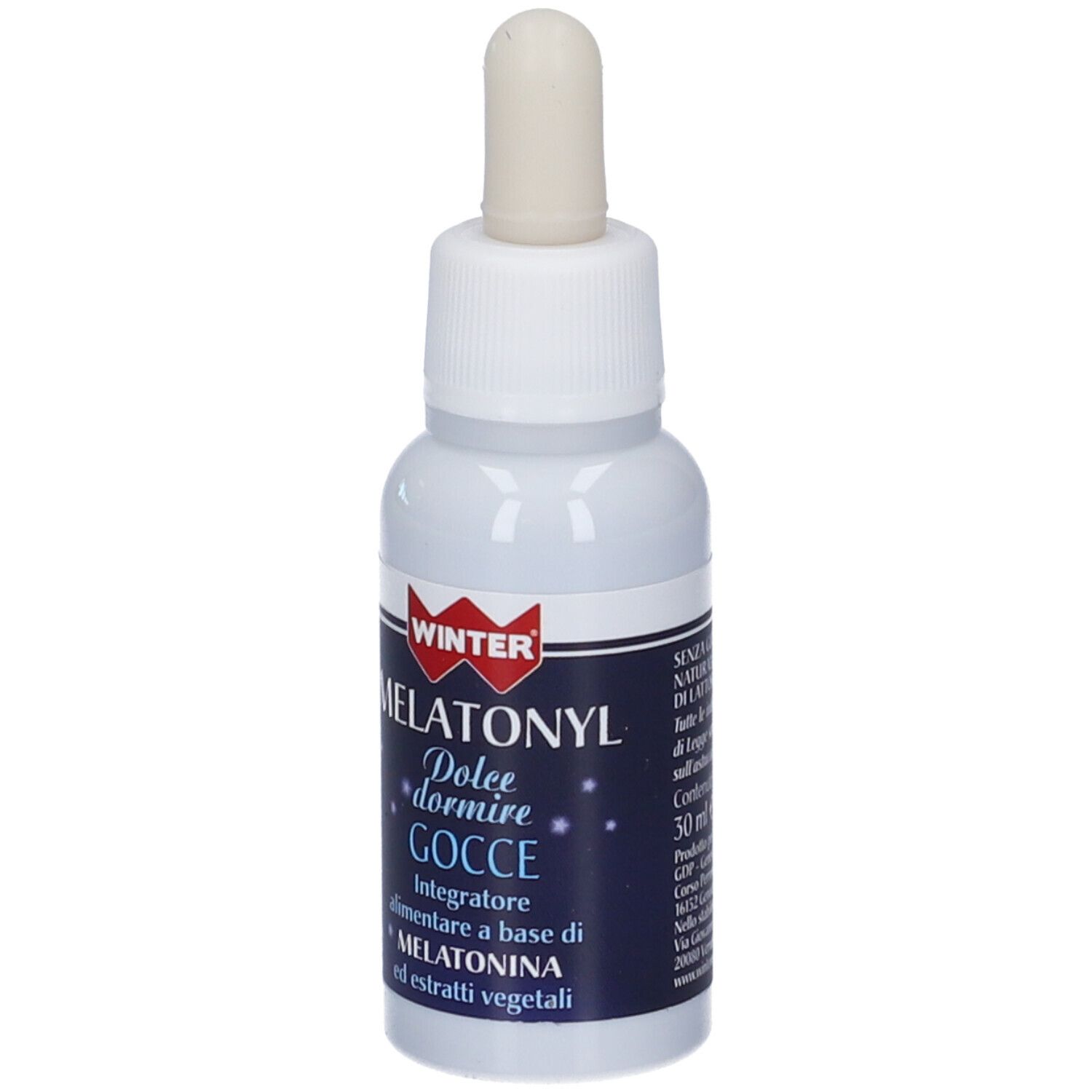 Flacone bianco con contagocce. Scritta: WINTER, MELATONYL Dolce dormire Gocce. Etichetta con informazioni sul prodotto.