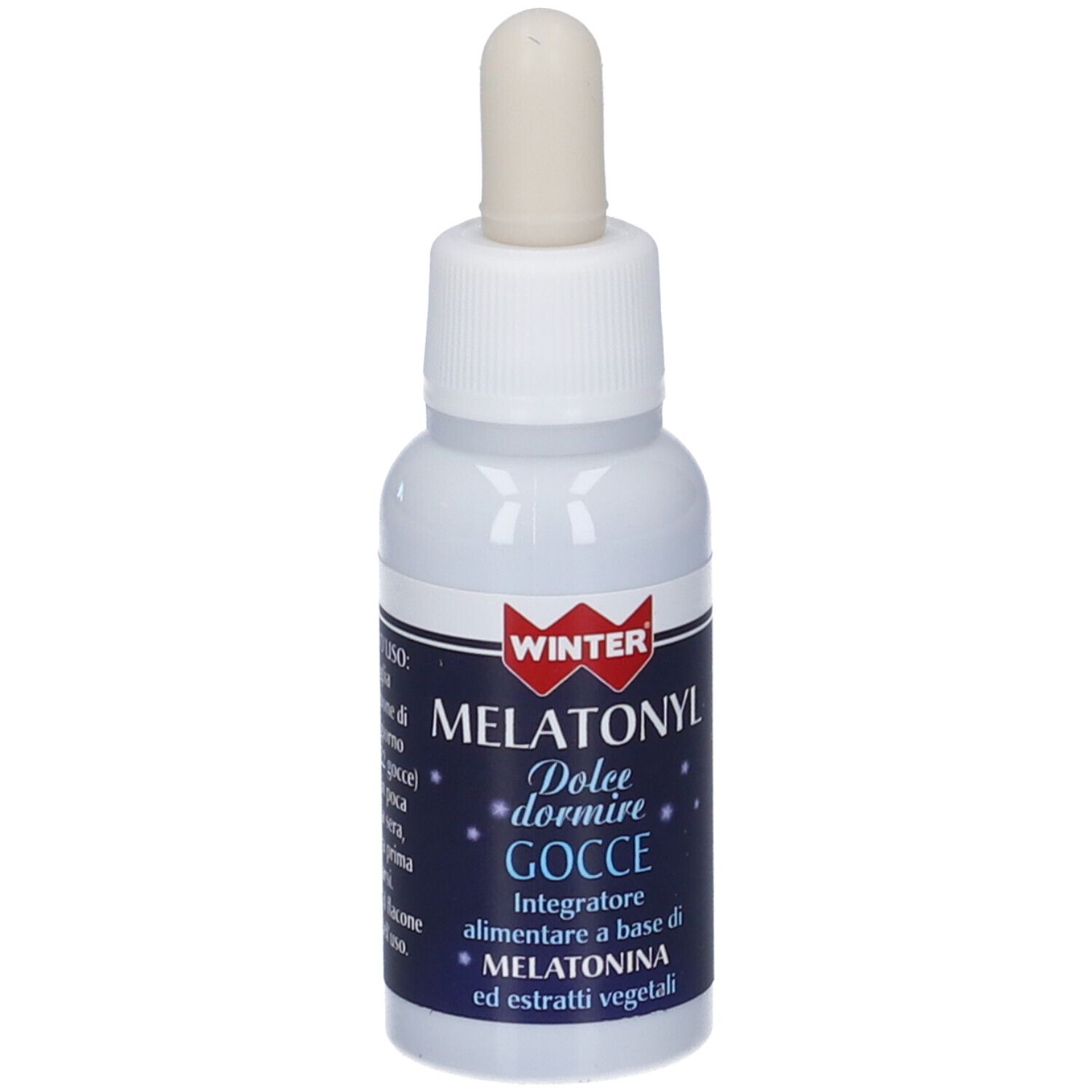 Flacone bianco con contagocce. Scritta: WINTER, MELATONYL Dolce dormire Gocce. Etichetta con informazioni sul prodotto.