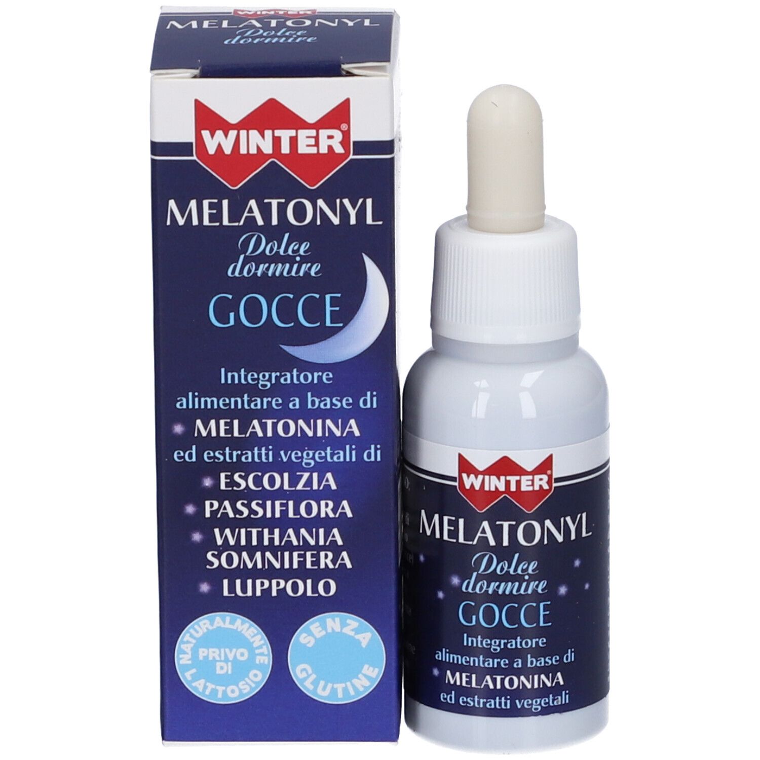 Flacone e scatola del prodotto. Scritta: WINTER, MELATONYL Dolce dormire Gocce. Contiene melatonina ed estratti vegetali.