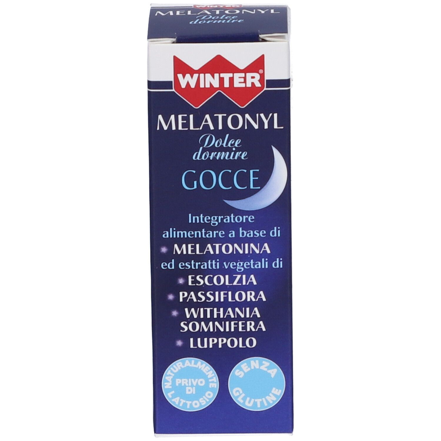 Confezione del prodotto. Scritta: WINTER, MELATONYL Dolce dormire Gocce. Contiene melatonina ed estratti vegetali. Senza glutine, senza lattosio.