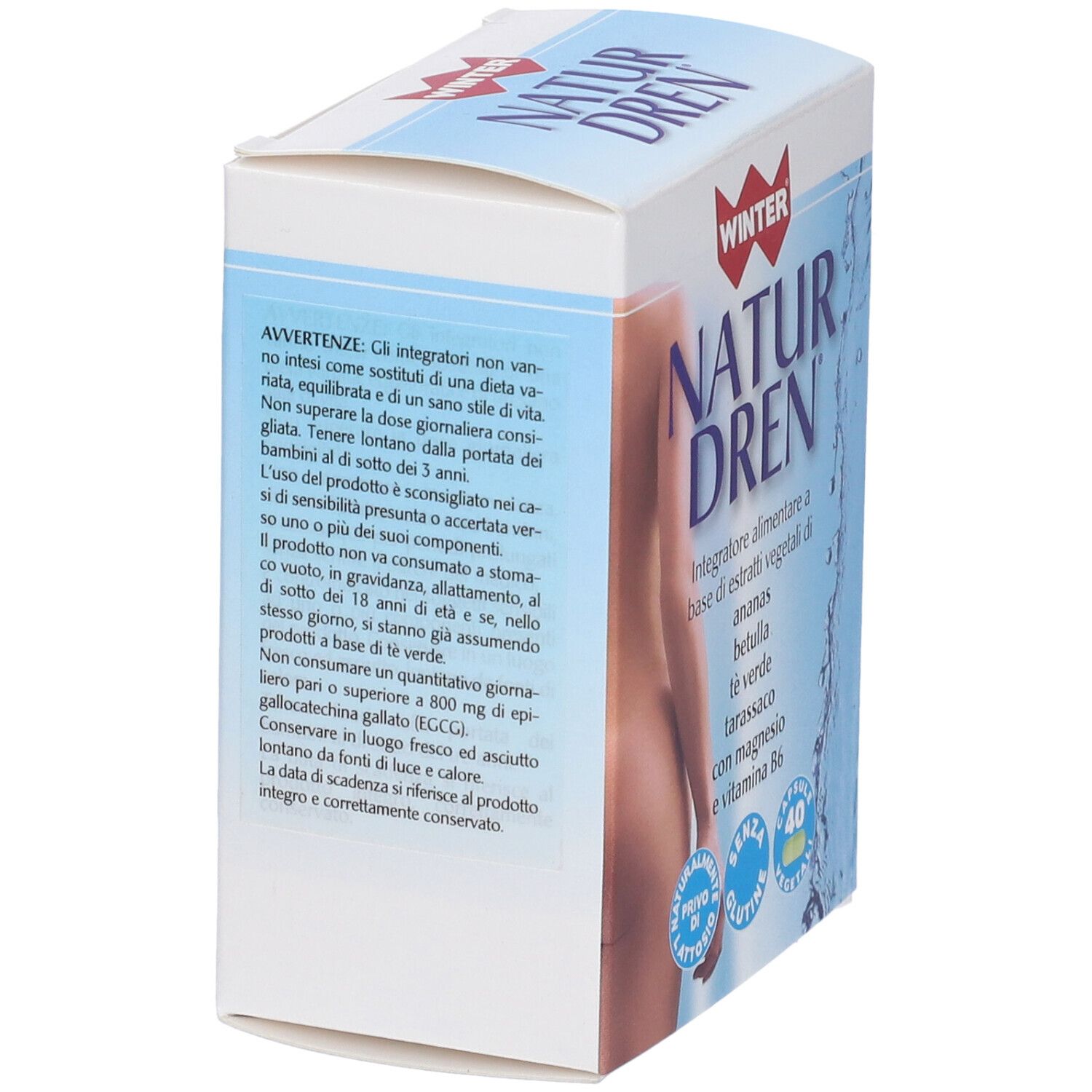 Retro della scatola Winter Natur Dren. Testo su ingredienti e avvertenze. Bianco e azzurro.