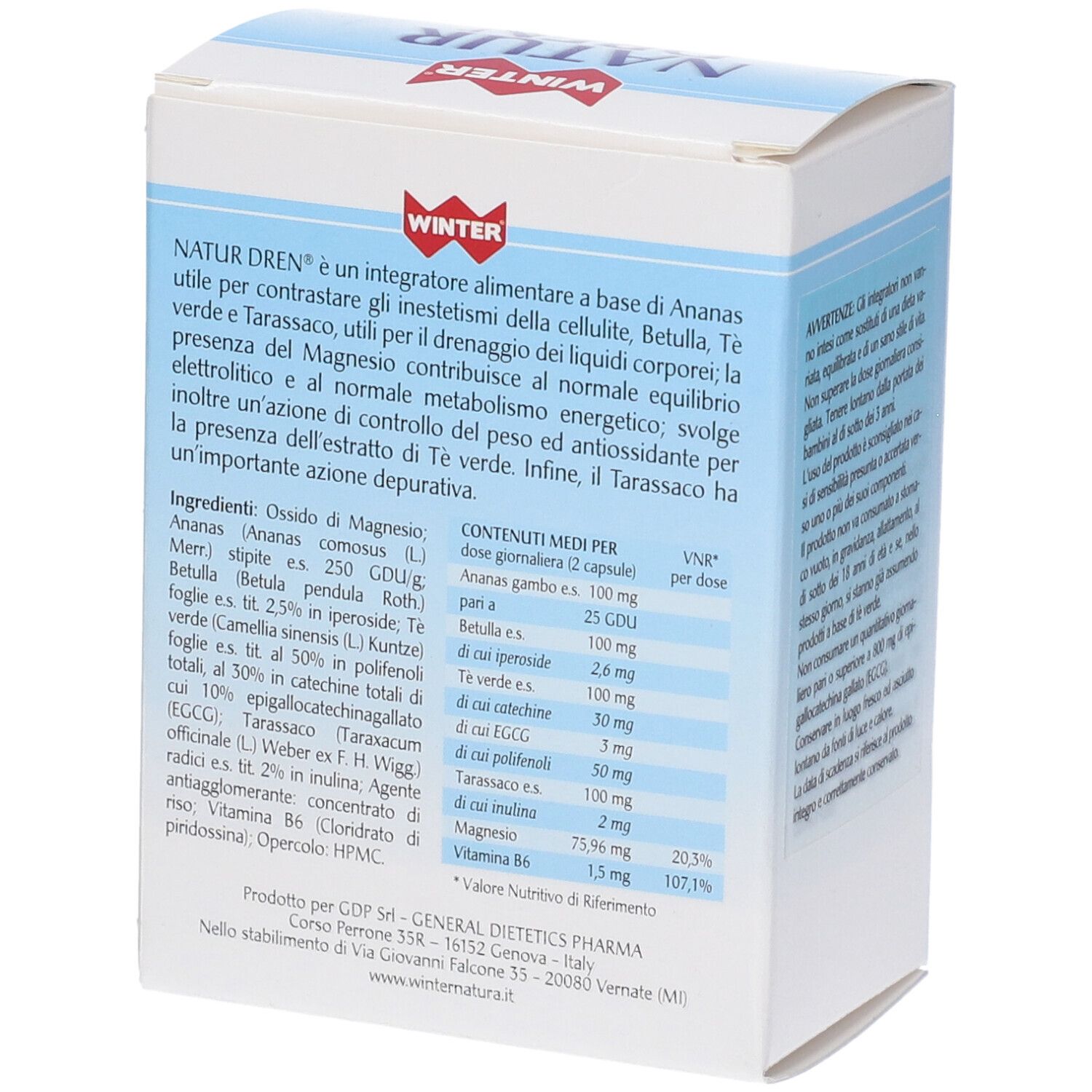 Lato della scatola Winter Natur Dren. Testo con ingredienti e informazioni nutrizionali. Bianco e azzurro.