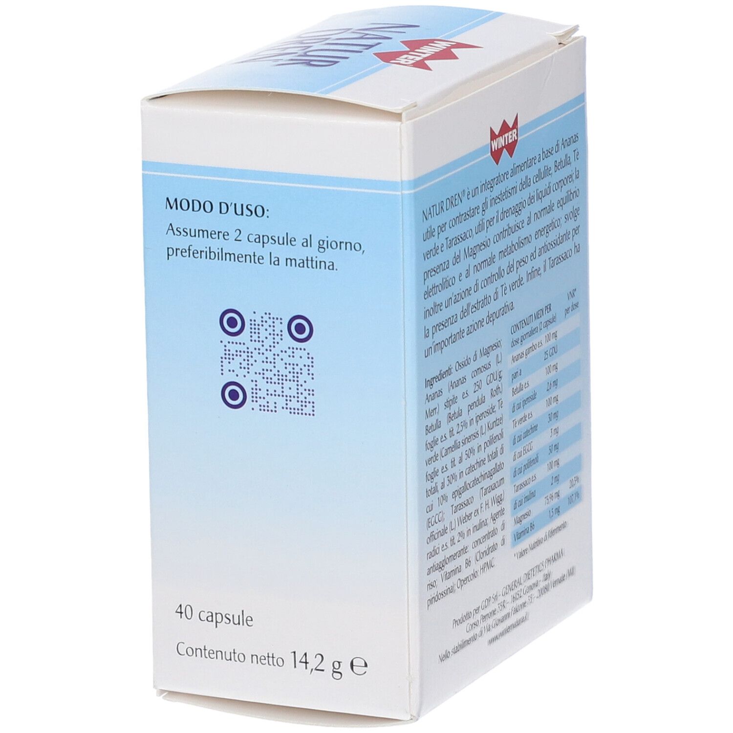 Lato della scatola Winter Natur Dren. Testo con istruzioni per l'uso e codice QR. Bianco e azzurro.