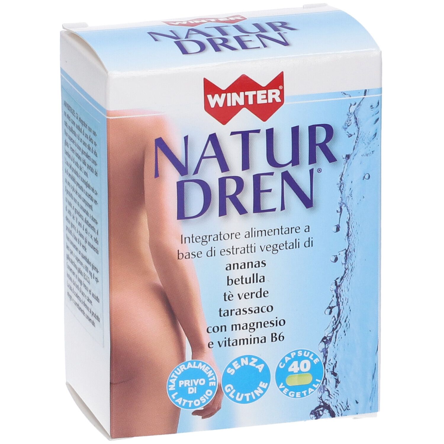 Scatola Winter Natur Dren, leggermente angolata. Scritta: NATUR DREN, 40 capsule vegetali. Immagine di una donna.