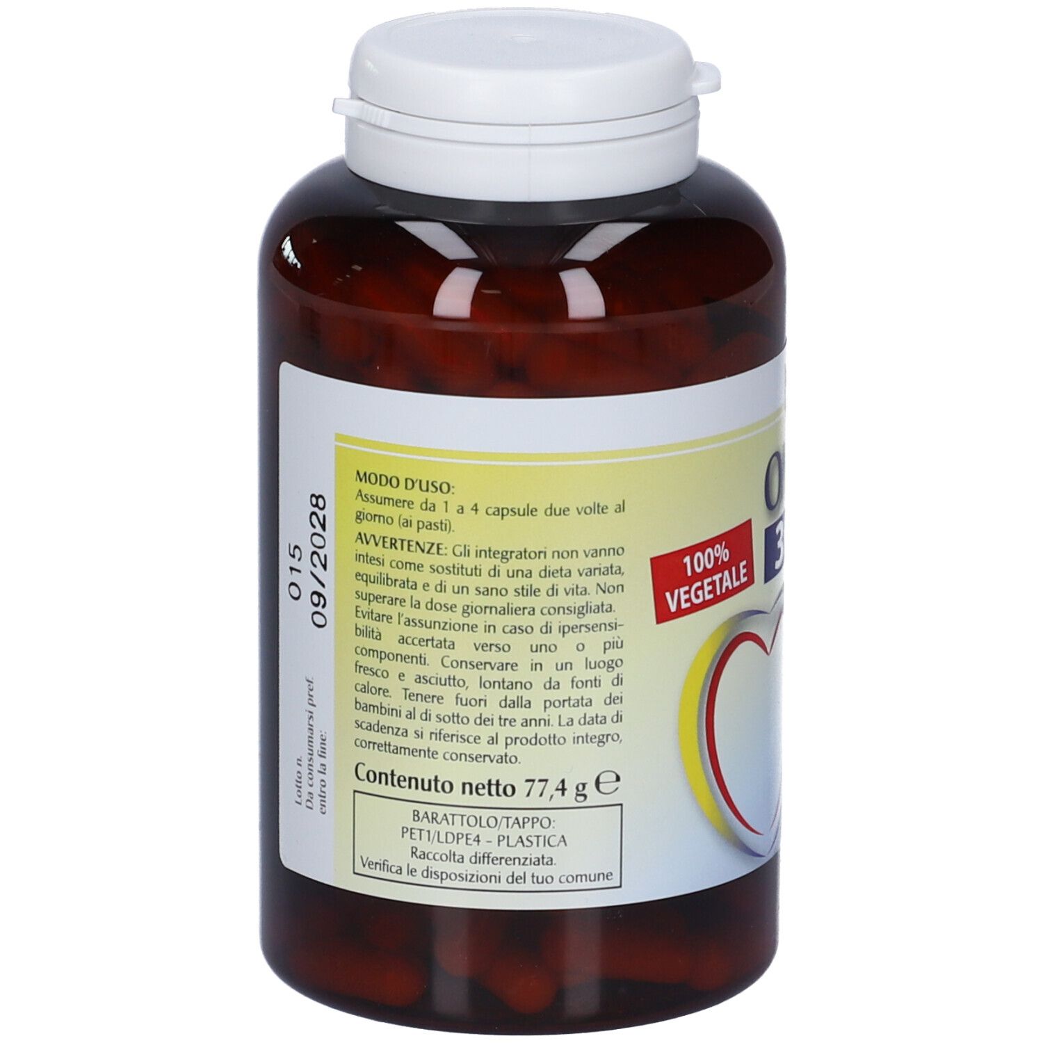 Retro di flacone marrone con tappo bianco. Etichetta con informazioni prodotto e scadenza 09/2028.