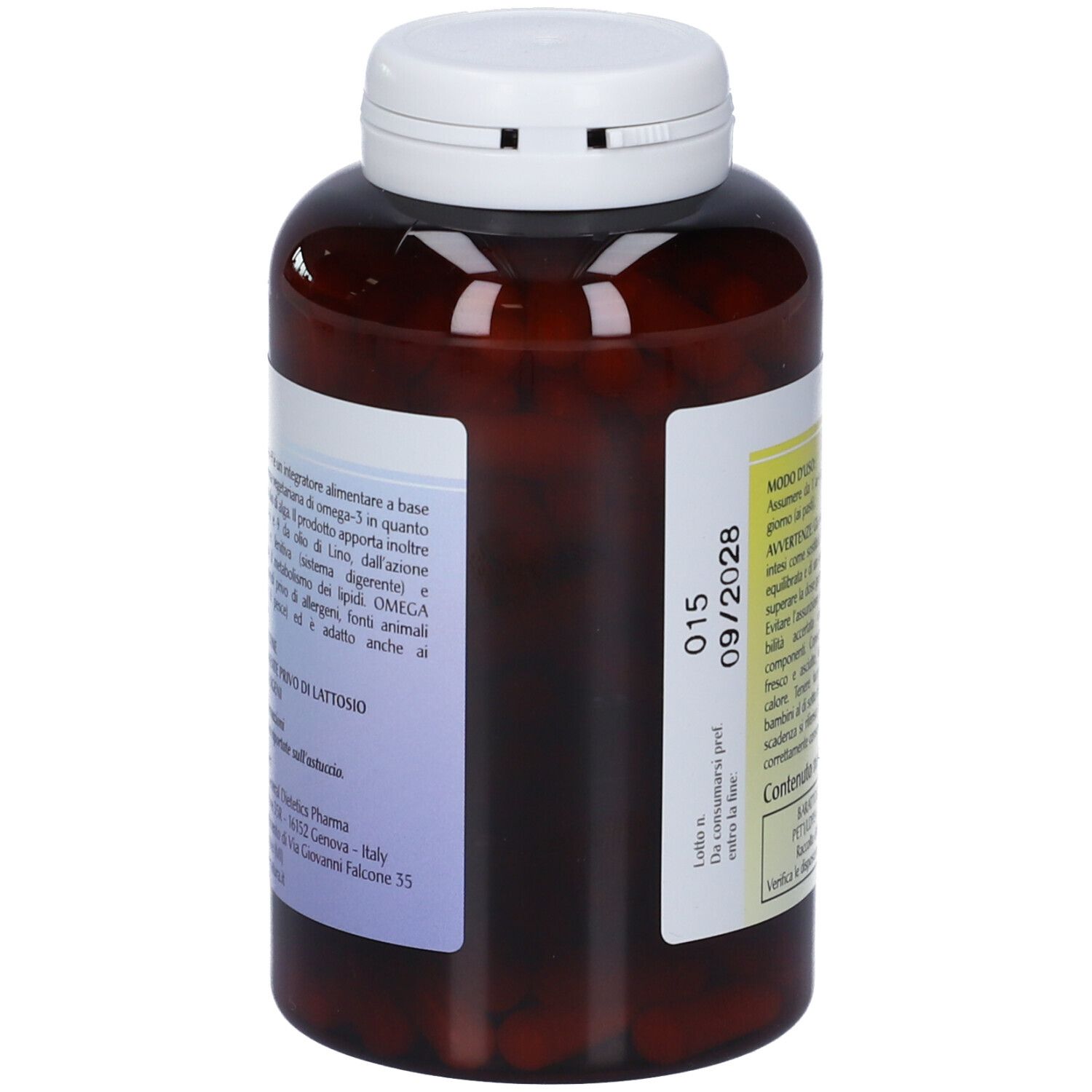 Retro di flacone marrone con tappo bianco. Etichetta con informazioni sul prodotto.