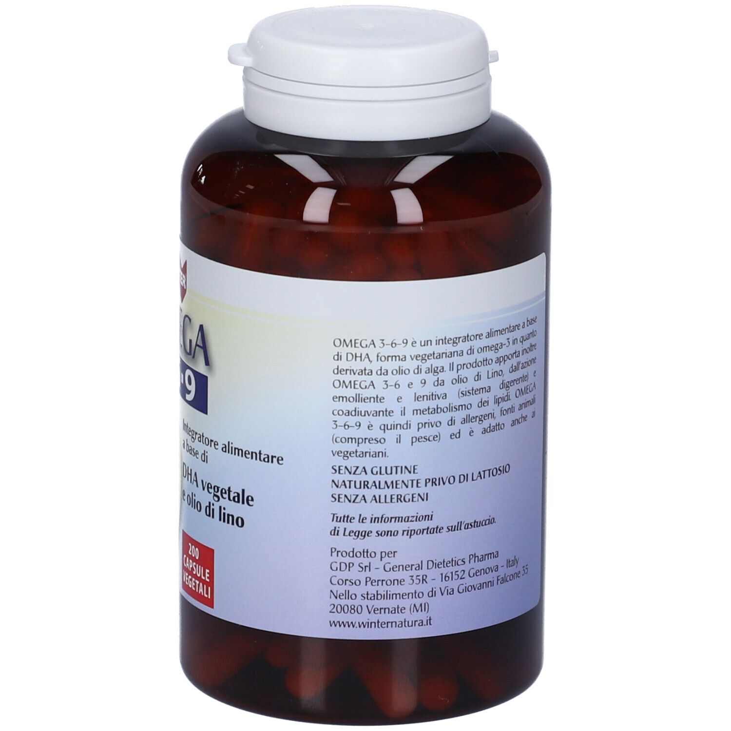 Flacone marrone con tappo bianco. Etichetta con nome Omega 3-6-9, 200 capsule. Senza glutine, senza lattosio.