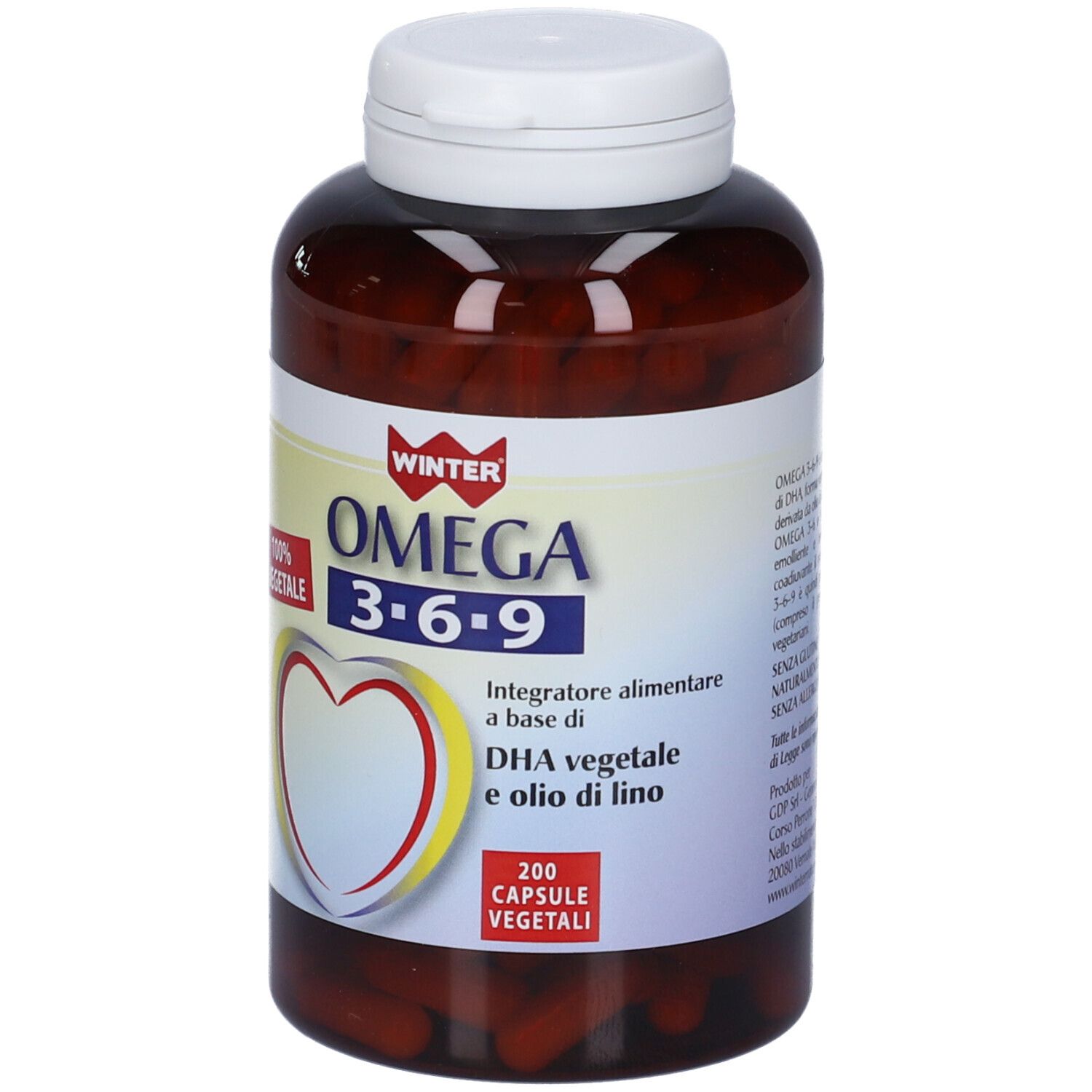 Flacone marrone con tappo bianco. Etichetta con nome Omega 3-6-9, 200 capsule. 100% vegetale.