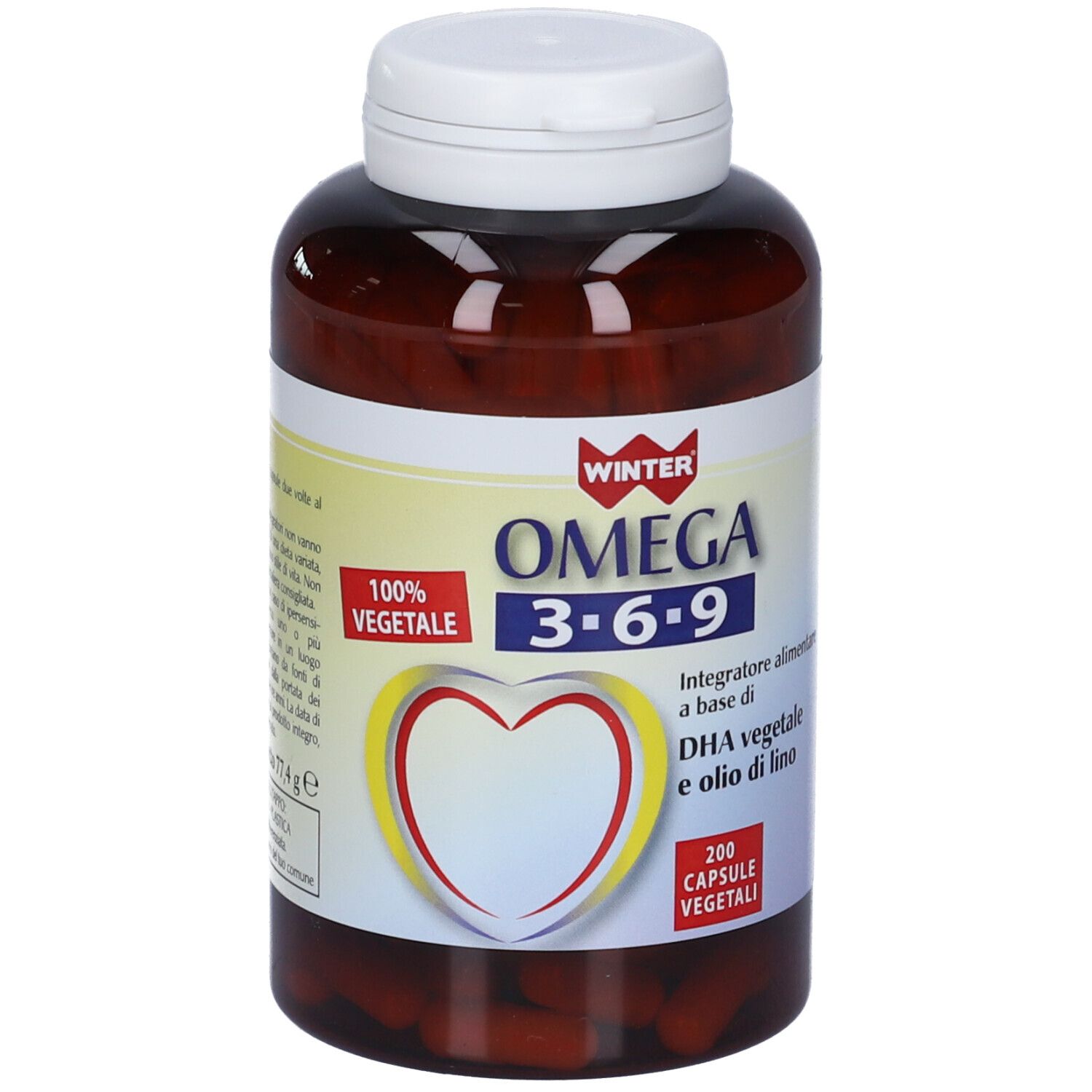 Flacone marrone con tappo bianco. Etichetta con nome Omega 3-6-9, 200 capsule. 100% vegetale.