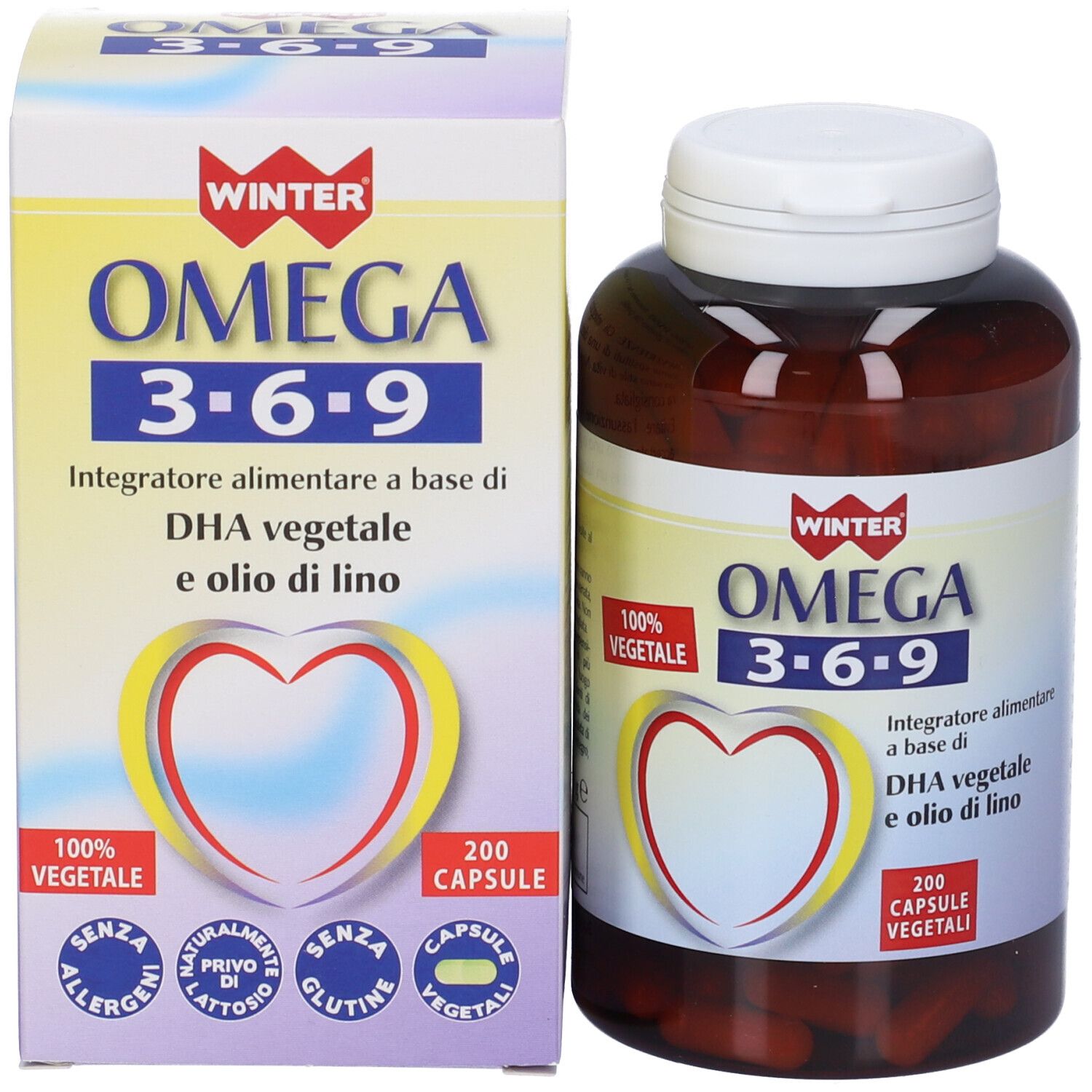 Flacone e scatola del prodotto. Sul flacone c'è Omega 3-6-9, 200 capsule. Sulla scatola c'è Omega 3-6-9.