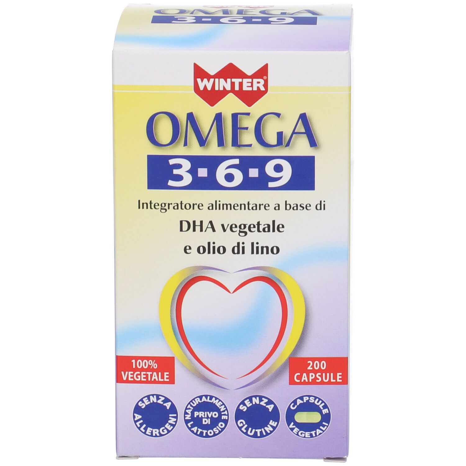 Confezione del prodotto. Sulla scatola c'è Omega 3-6-9, 200 capsule. Senza glutine, senza lattosio.