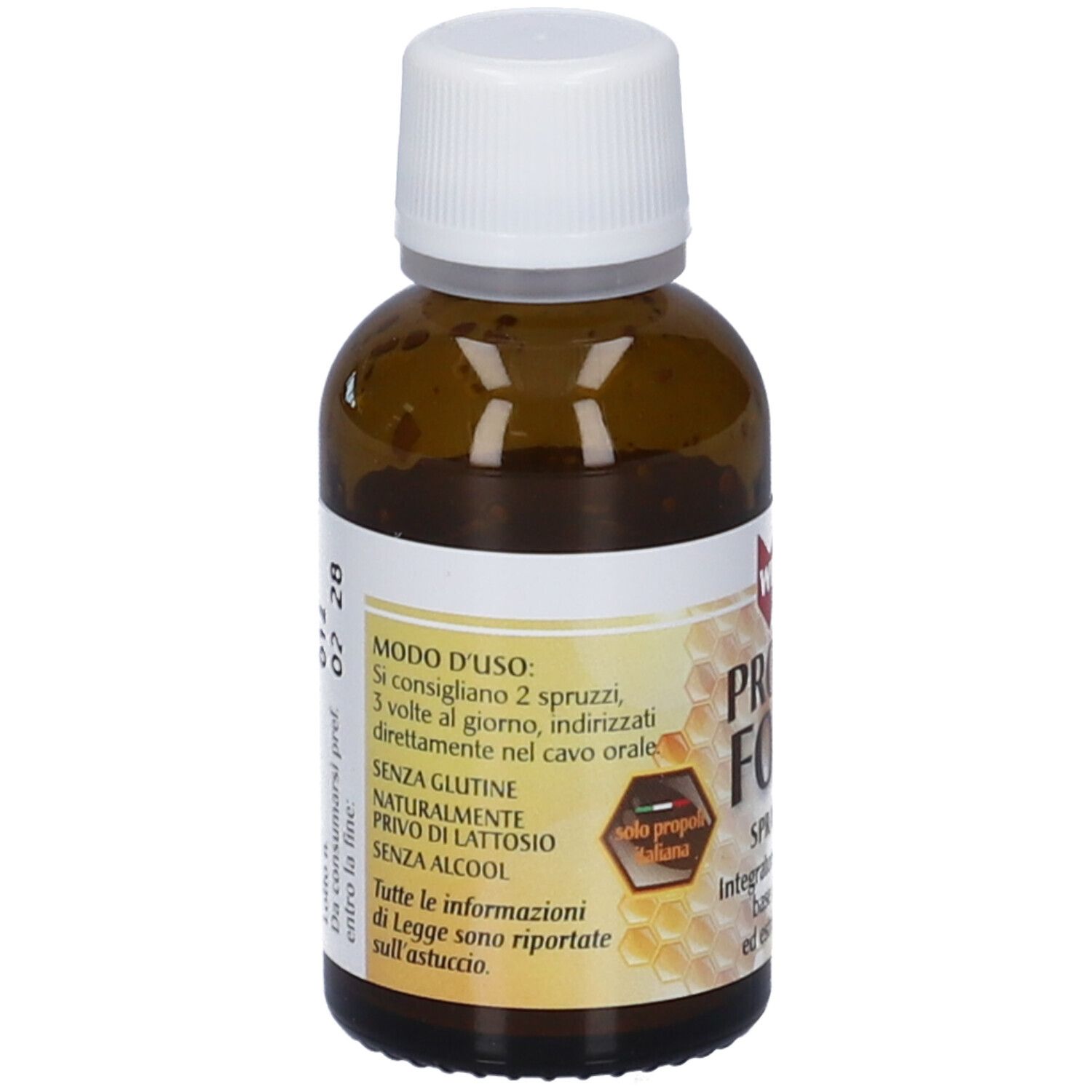 Flacone di vetro marrone con tappo bianco. Etichetta con informazioni sul prodotto. Testo: 'Senza glutine'.