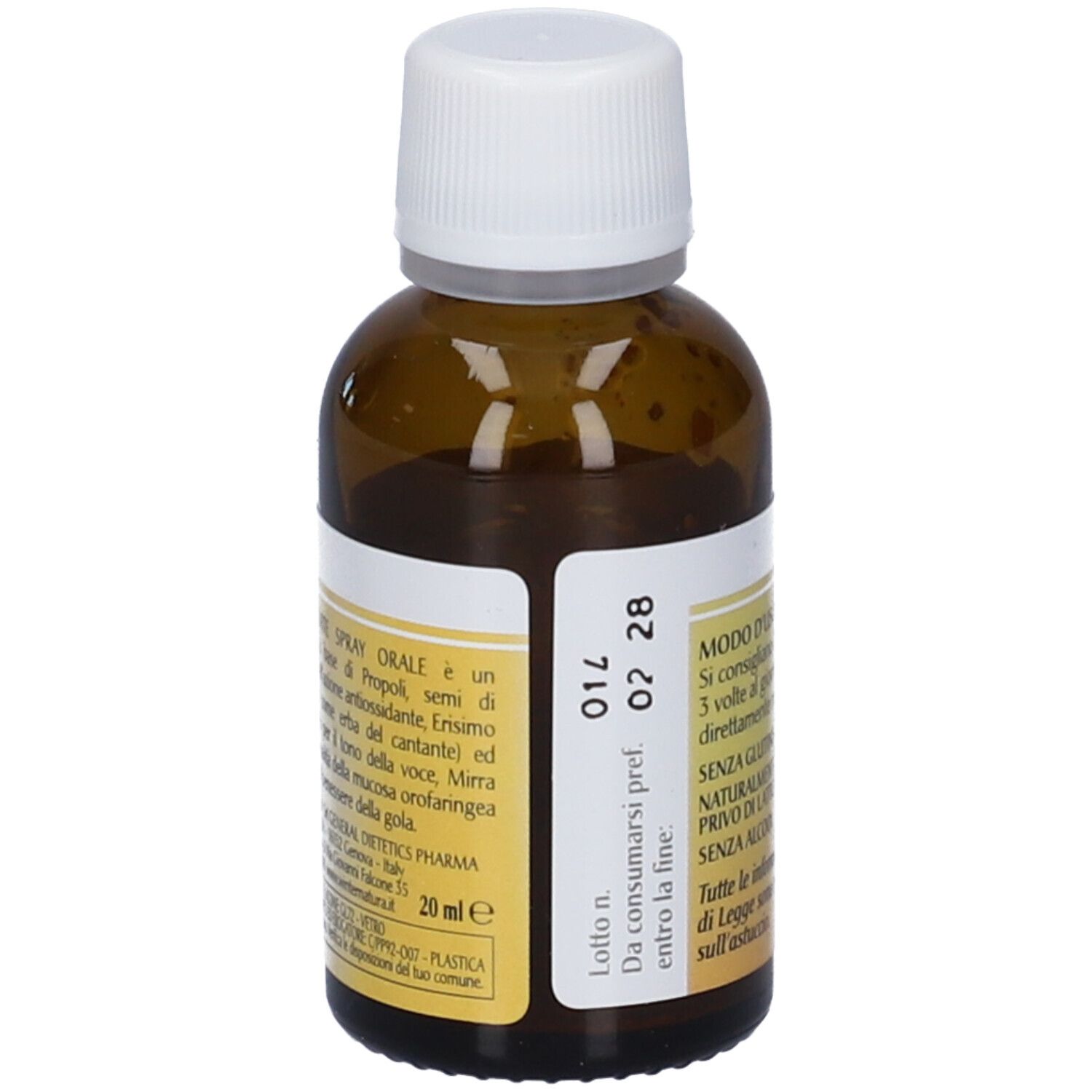 Flacone di vetro marrone con tappo bianco. Etichetta con informazioni sul prodotto. Data di scadenza.