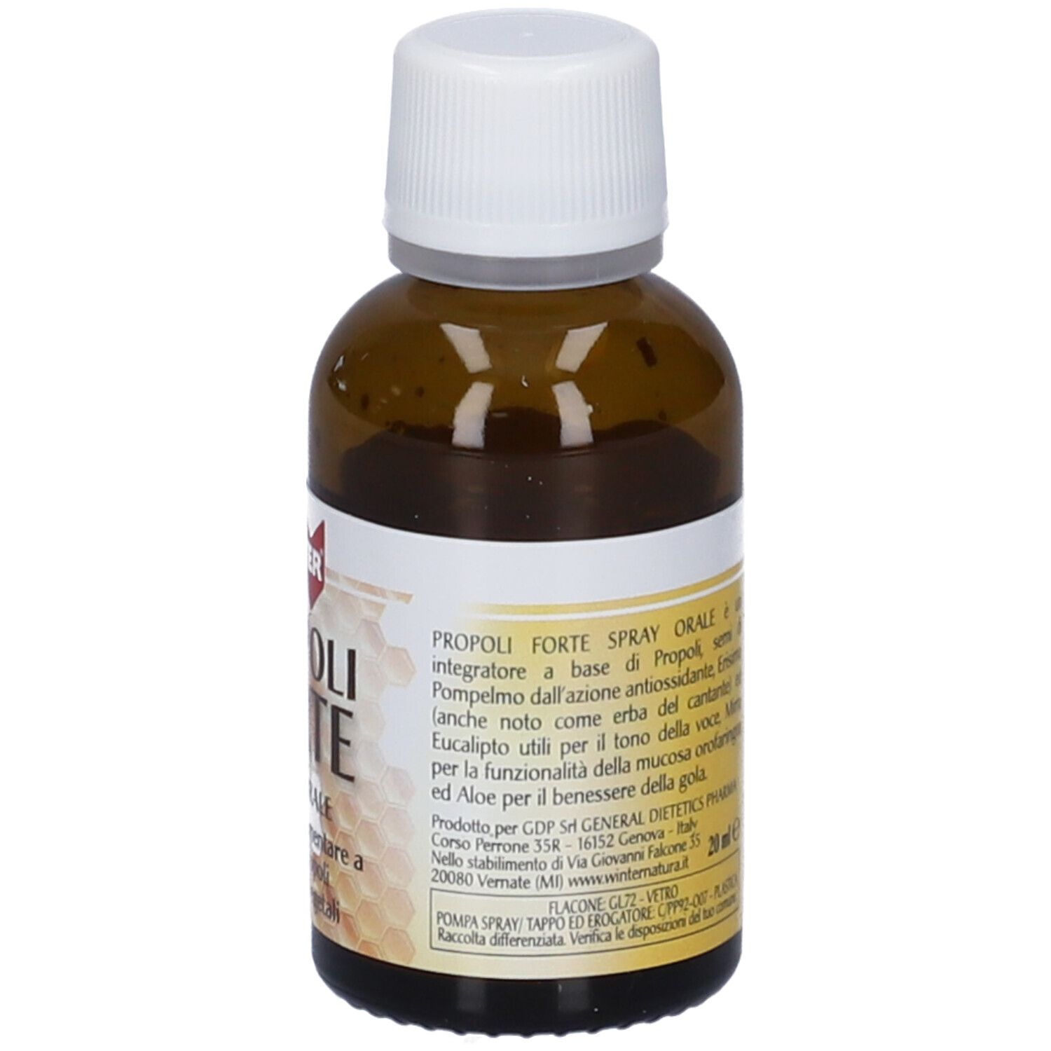 Flacone di vetro marrone con tappo bianco. Etichetta con informazioni sul prodotto. Testo: 'Spray orale'.