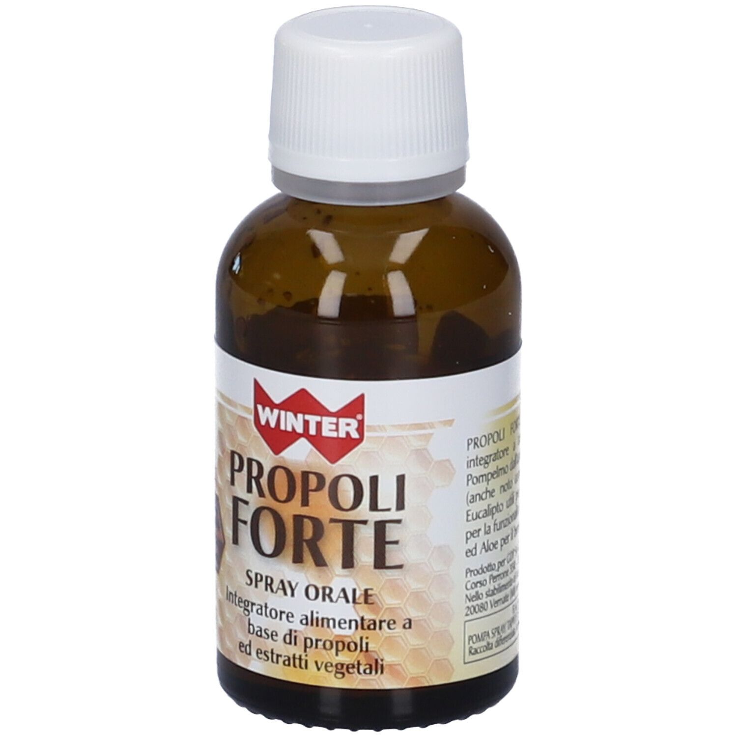 Flacone di vetro marrone con tappo bianco. Etichetta con nome e logo del prodotto. Design a nido d'ape.