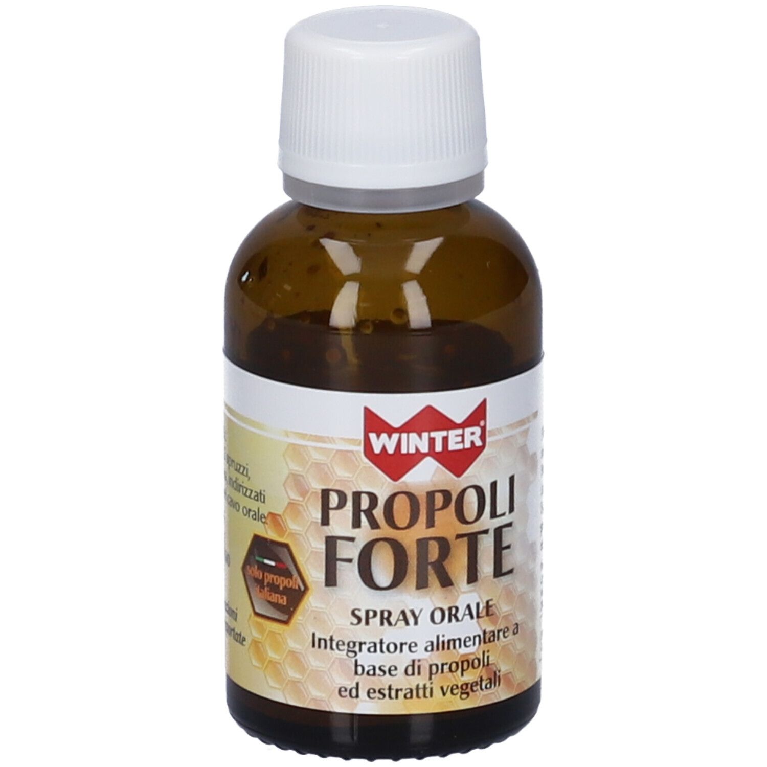 Flacone di vetro marrone con tappo bianco. Etichetta con nome e logo del prodotto. Design a nido d'ape.