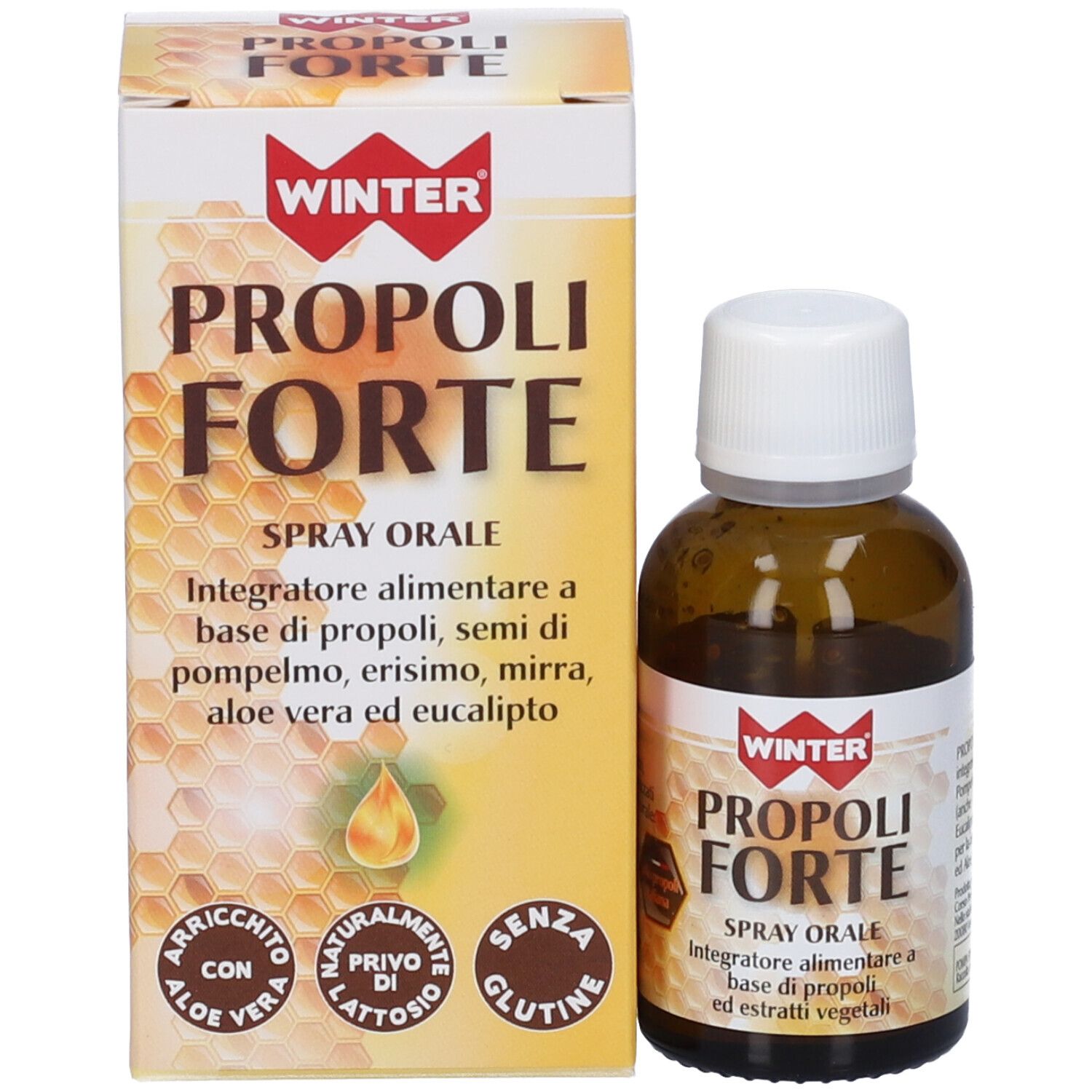 Flacone e confezione del prodotto. Confezione con nome e logo del prodotto. Design a nido d'ape. Informazioni aggiuntive.