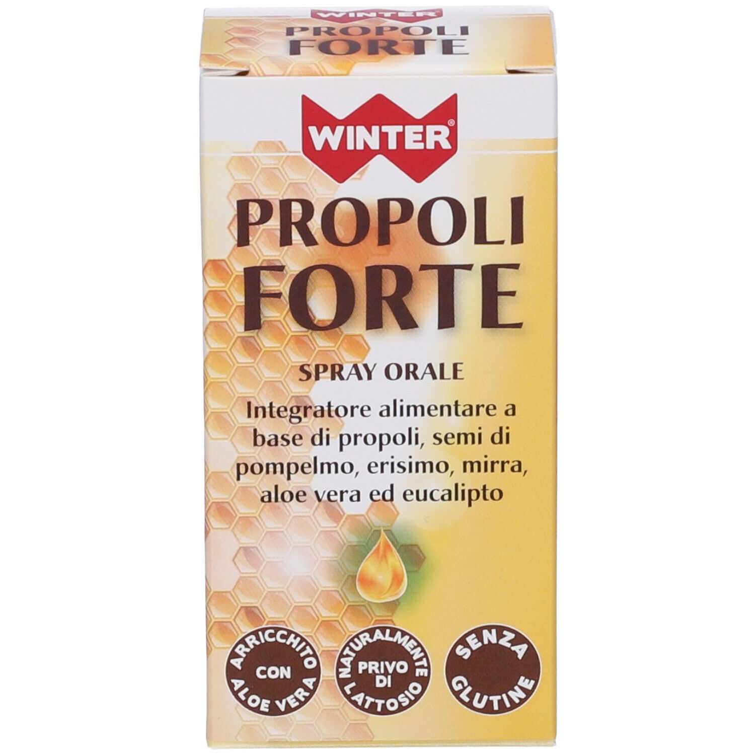 Confezione del prodotto con nome e logo. Design a nido d'ape. Informazioni e loghi aggiuntivi.