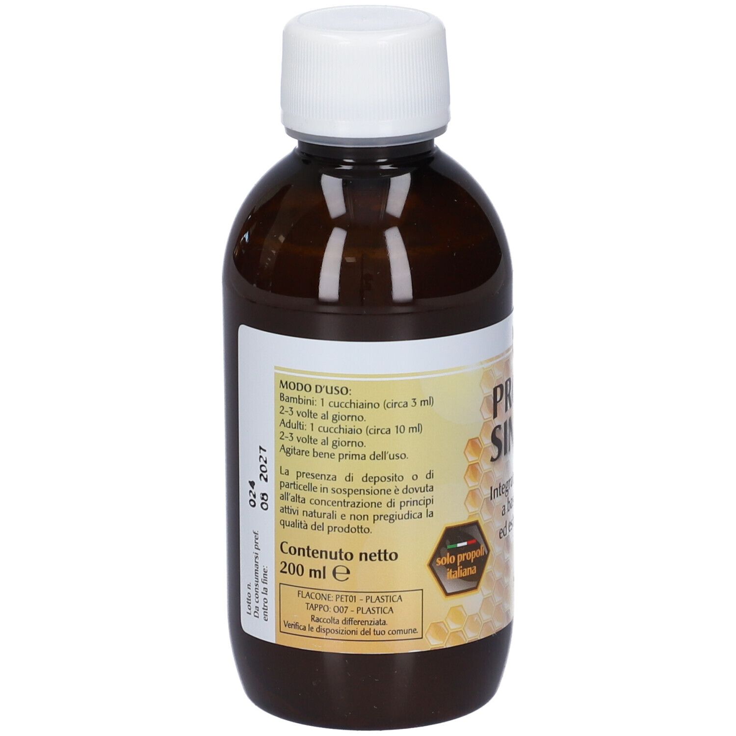 Vista posteriore di una bottiglia marrone con tappo bianco. L'etichetta contiene informazioni sull'uso e sugli ingredienti.