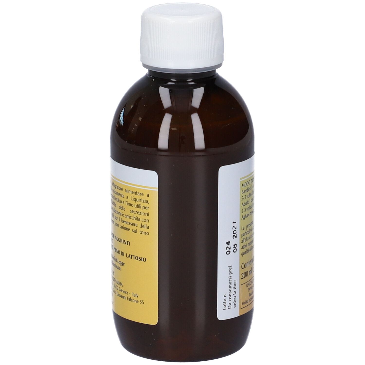 Vista posteriore di una bottiglia marrone con tappo bianco. L'etichetta contiene informazioni sugli ingredienti e sul produttore.