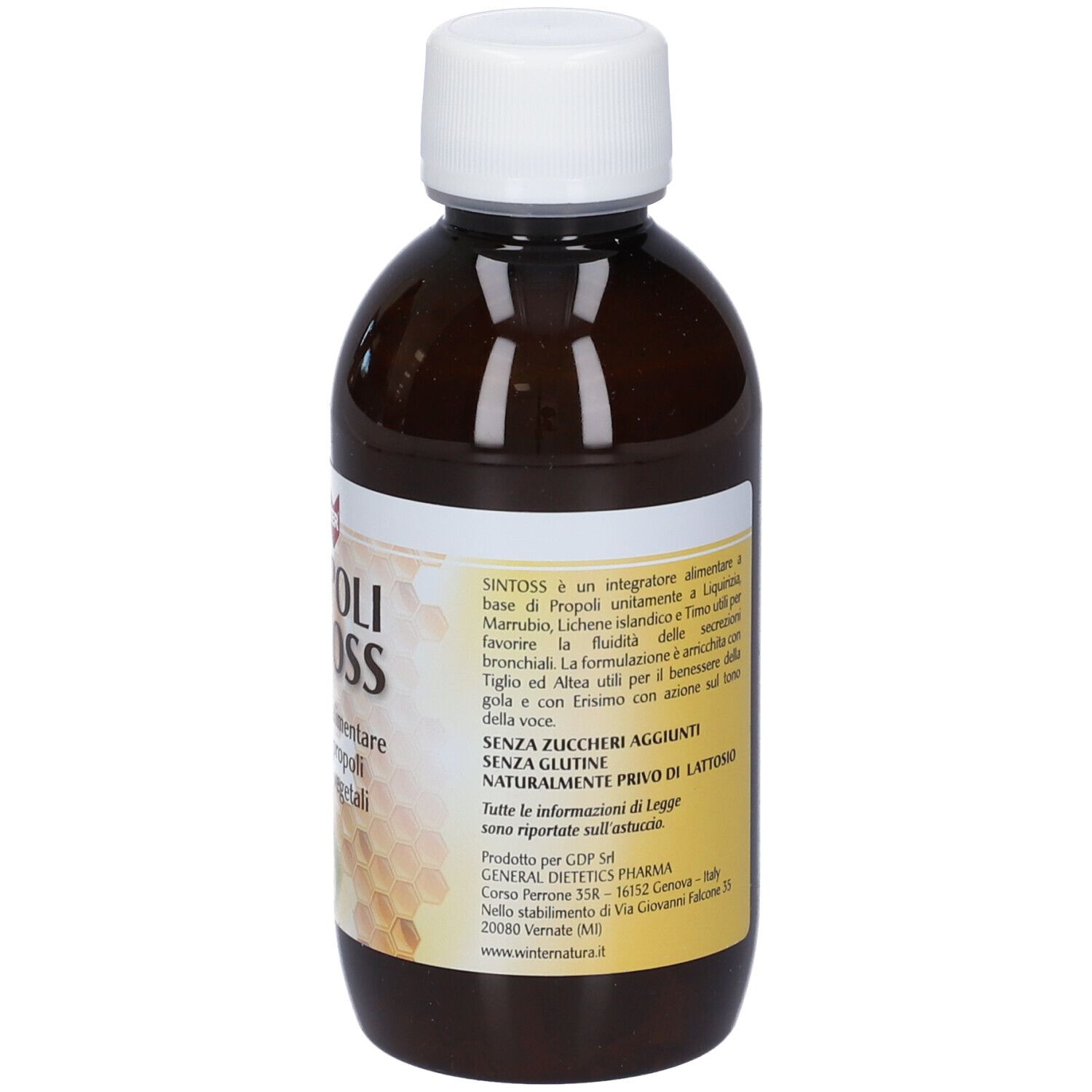 Bottiglia marrone con tappo bianco. L'etichetta riporta WINTER PROPOLI SINTOSS. Testo: "Senza zuccheri aggiunti", "Senza glutine".