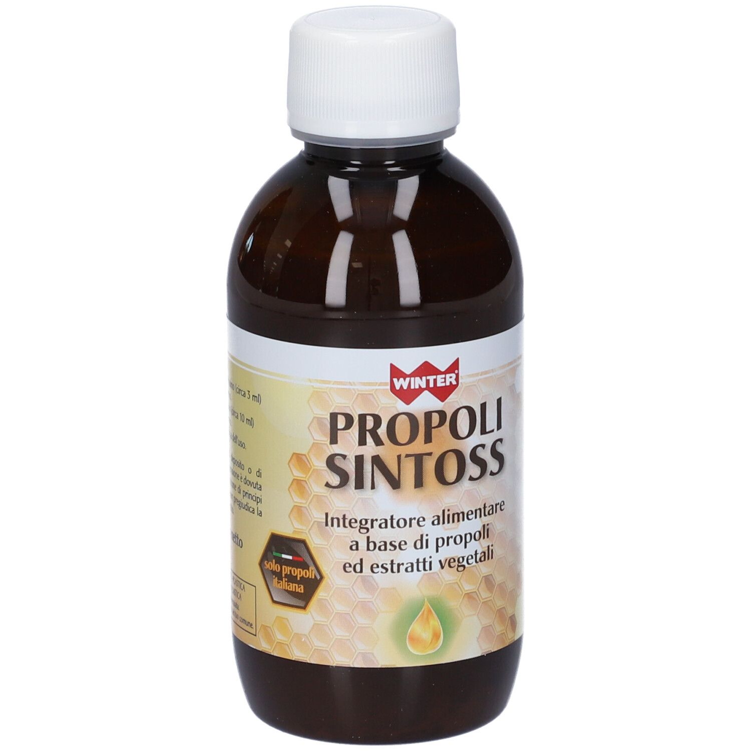 Bottiglia marrone con tappo bianco. L'etichetta riporta WINTER PROPOLI SINTOSS. Sotto, c'è scritto "Integratore alimentare".