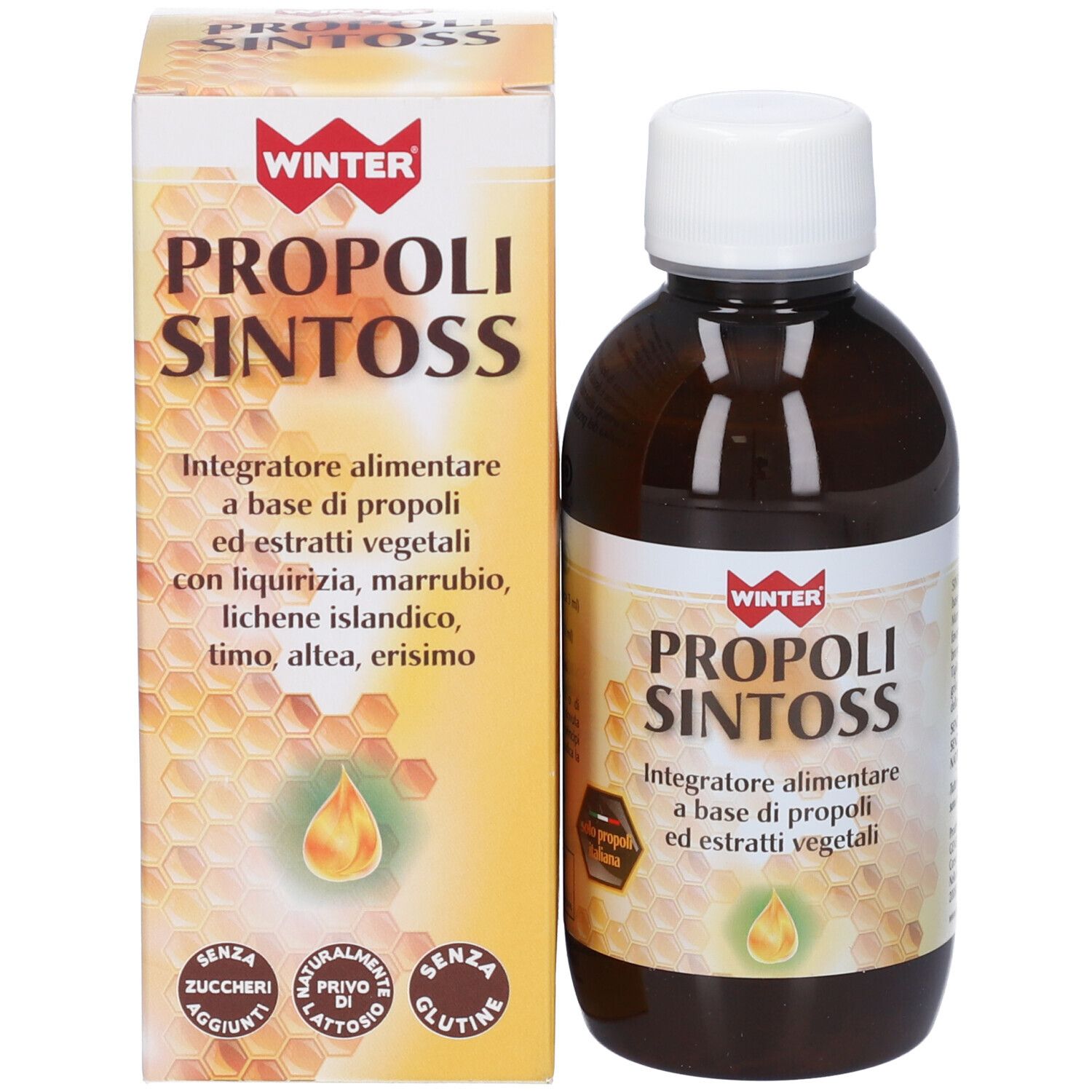 Prodotto WINTER PROPOLI SINTOSS con confezione. Bottiglia e scatola. Sulla scatola c'è scritto WINTER PROPOLI SINTOSS.