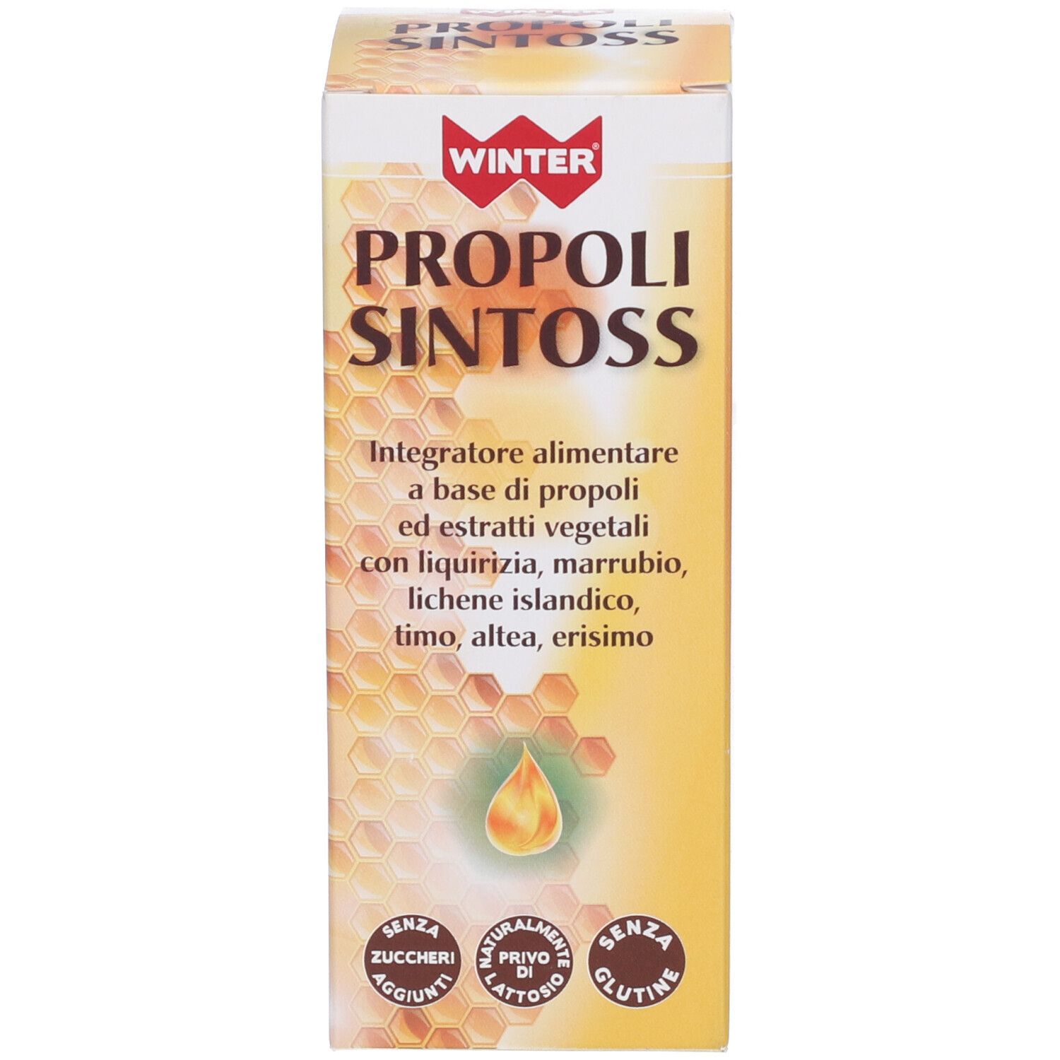 Scatola WINTER PROPOLI SINTOSS. Sulla scatola c'è scritto WINTER PROPOLI SINTOSS. Testo: "Senza zuccheri aggiunti", "Senza glutine".