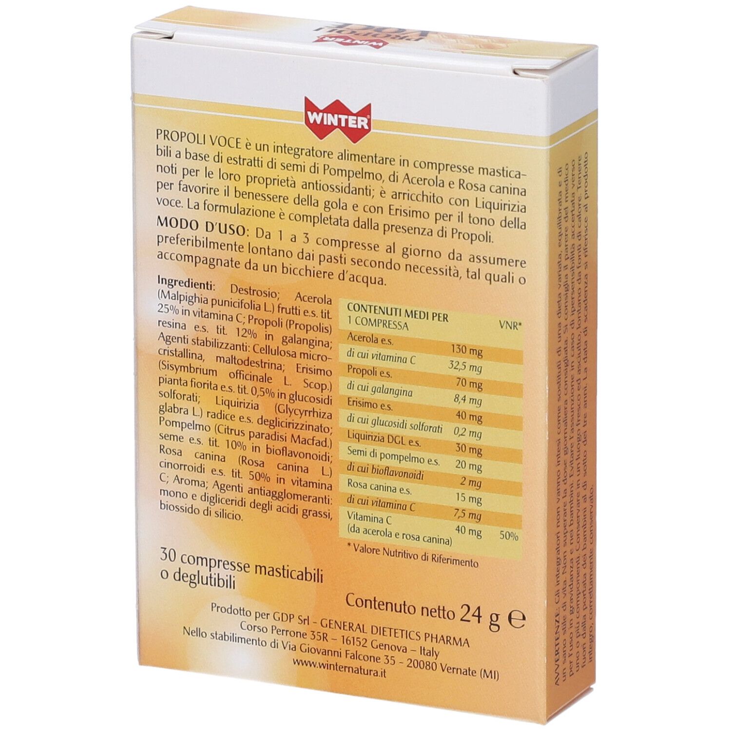 Retro della confezione del prodotto. Testo con ingredienti e informazioni nutrizionali. Logo: WINTER. 30 compresse.