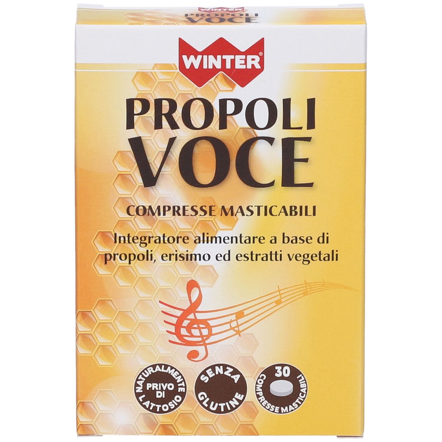 Confezione del prodotto. Scritta: PROPOLI VOCE, COMPRESSE MASTICABILI. Logo: WINTER. 30 compresse. Senza glutine.