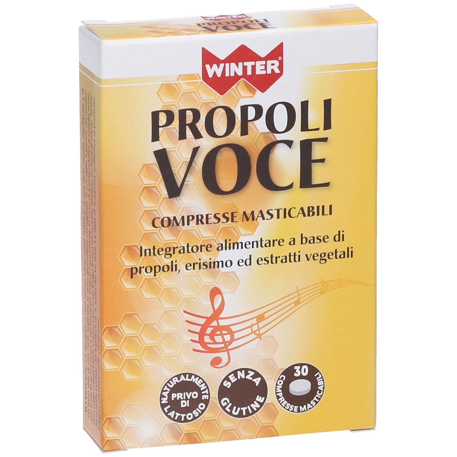 Confezione del prodotto. Scritta: PROPOLI VOCE, COMPRESSE MASTICABILI. Logo: WINTER. 30 compresse. Senza glutine.