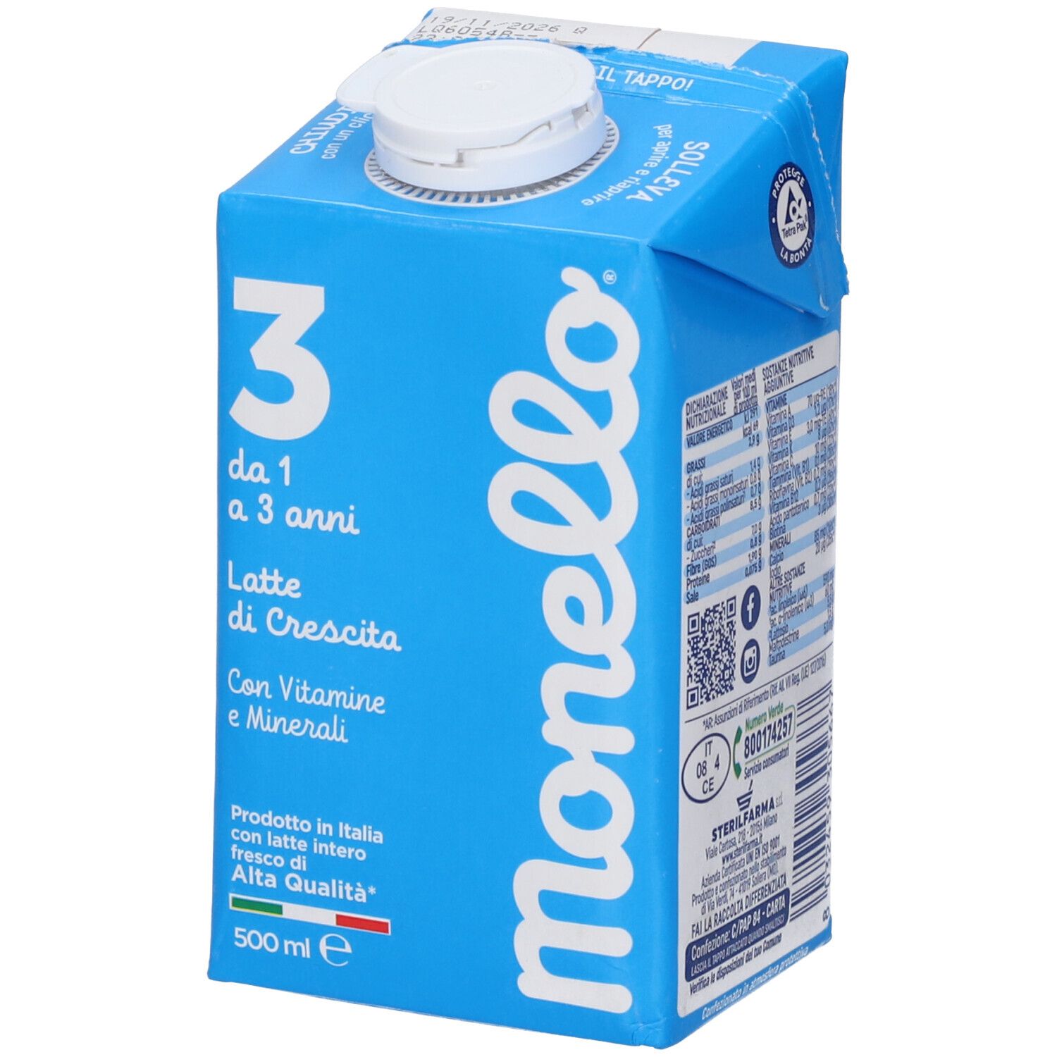 Monello Latte di crescita, 500 ml, per bambini da 1 a 3 anni, con vitamine e minerali.